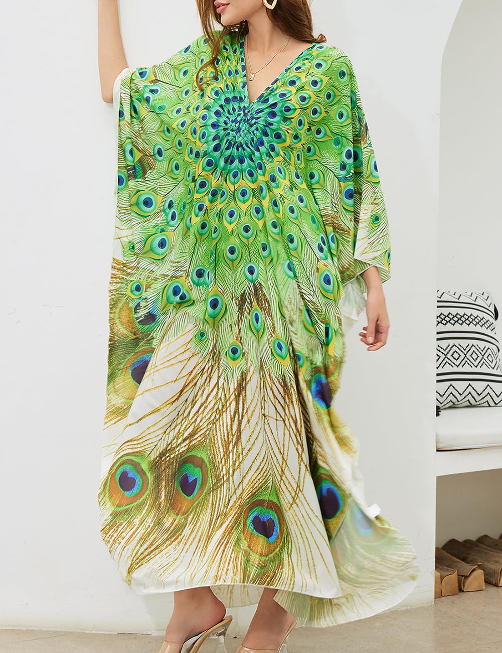 Bsubseach Mujer Traje de baño Cubrir Estampado étnico Kaftan Beach Maxi Vestidos