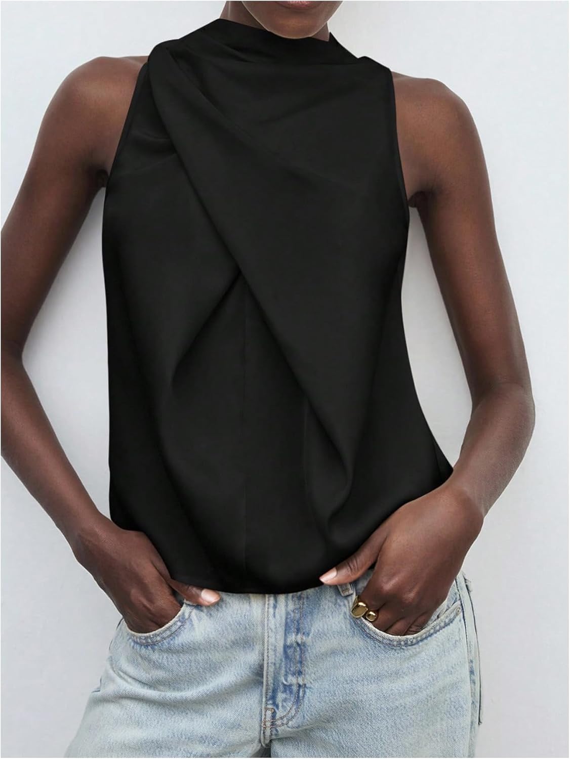 MakeMeChic Women's Mock Neck Tank Blouse Silk Ruched Sleeveless Business Old Money Tops - Image 3