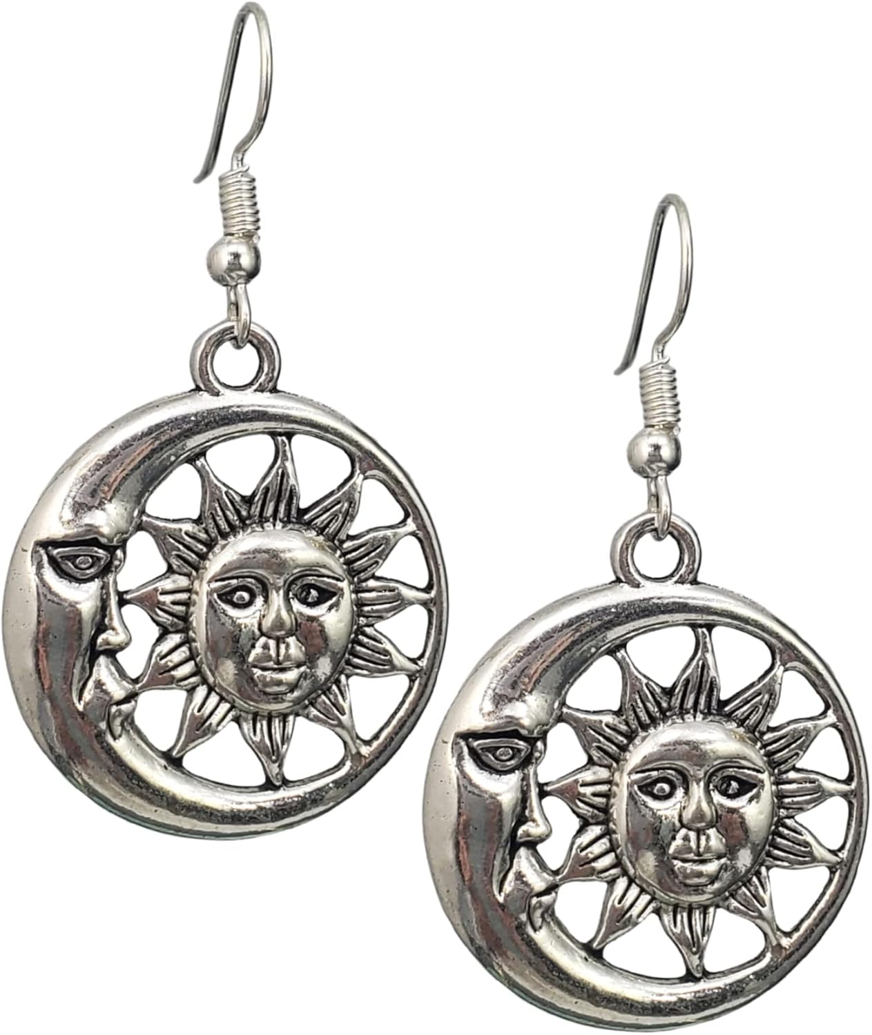 Celestial Sun and Moon Charm Earrings, Handmade Antique Silver Cosmic Dangle Jewelry