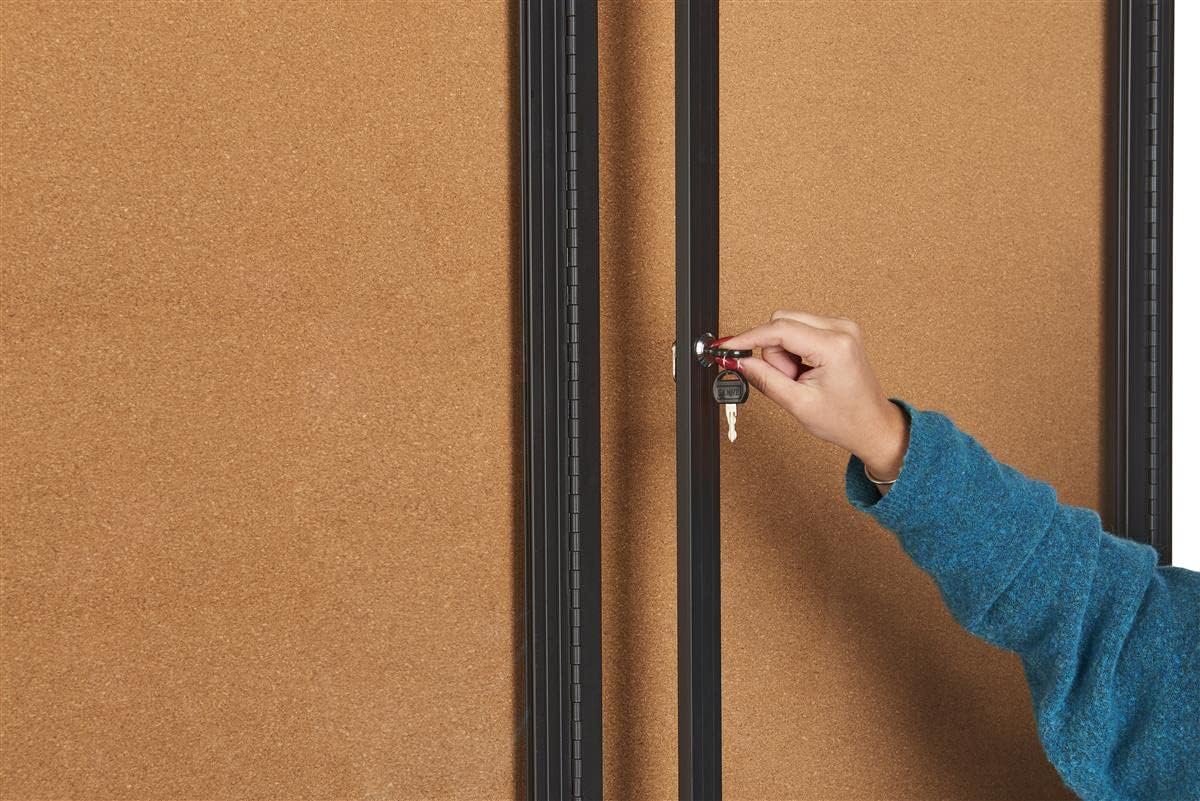 Displays2go 72 x 36 Lockable Bulletin Board with Three Doors, Corkboard Interior - Black (CBSW7236BK)