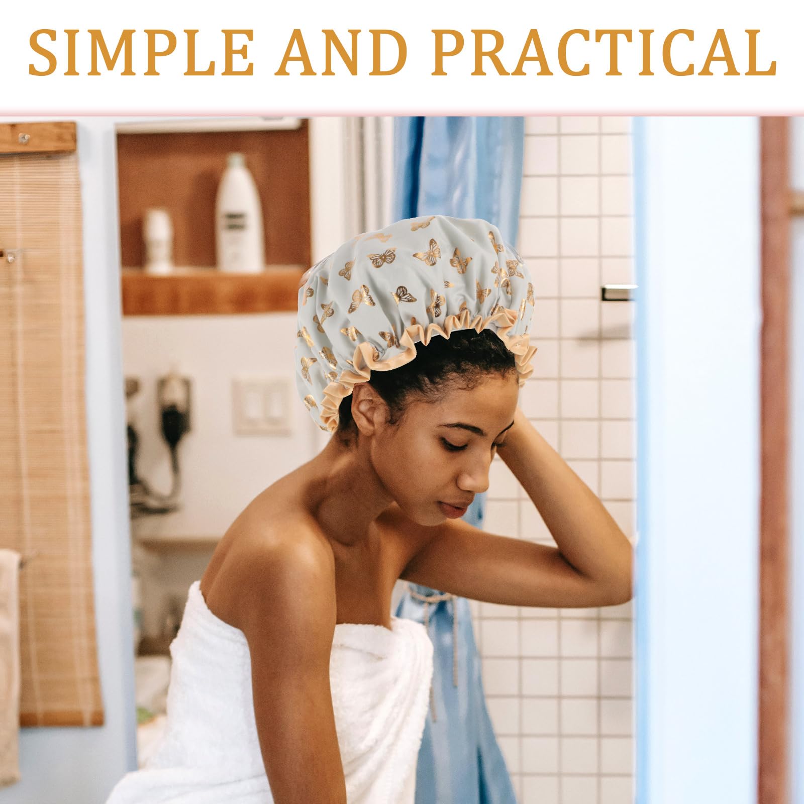 Healvian Double Layer Shower Cap for Women Elastic Stretchy Hair Cap for Bathing Decorative Reusable Shower Hat with Cute Pattern for Long Treatments - Image 4