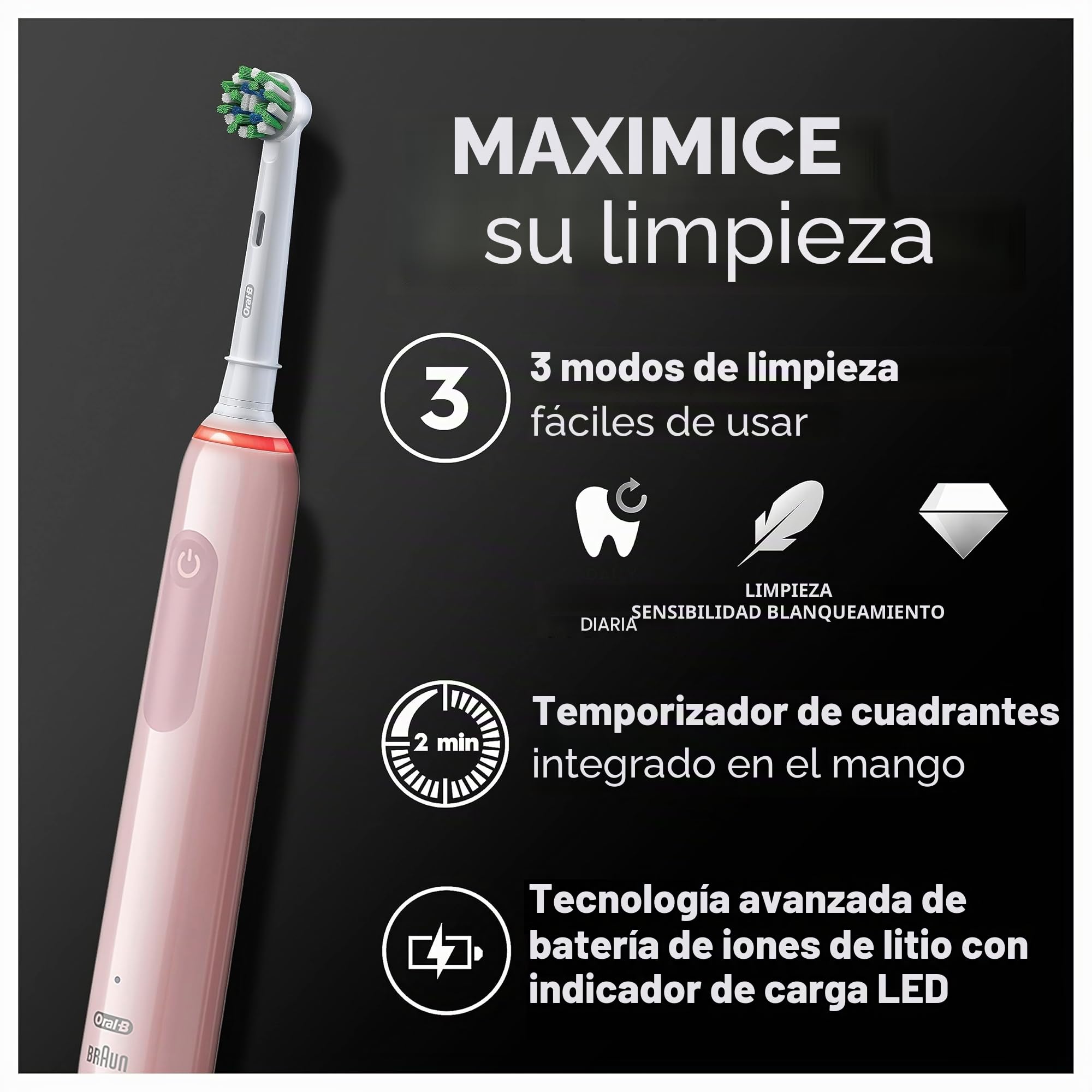 Oral-B Pro Series 3 Cepillo de Dientes Eléctrico con Mango Recargable y 2 Cabezales, Diseñado por Braun - Rosa