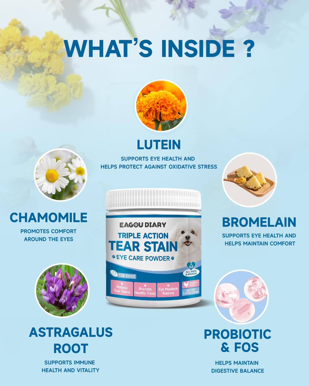 Removedor de Manchas de lágrimas para Perros, Suplemento para Manchas de lágrimas en Perros, para la Salud Ocular y el Cuidado del Pelaje Blanco, con Luteína, Manzanilla, Mezcla de Probióticos, 100g