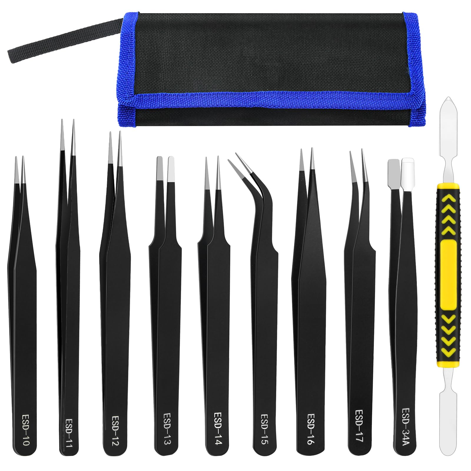 Lunhoo Precision Tweezers Set, 9 PCS ESD Anti-Static Stainless-Steel Tweezers with a Spatula for Crafting, Electronics, Jewelry Making, Modeling Tools (10 PCS)