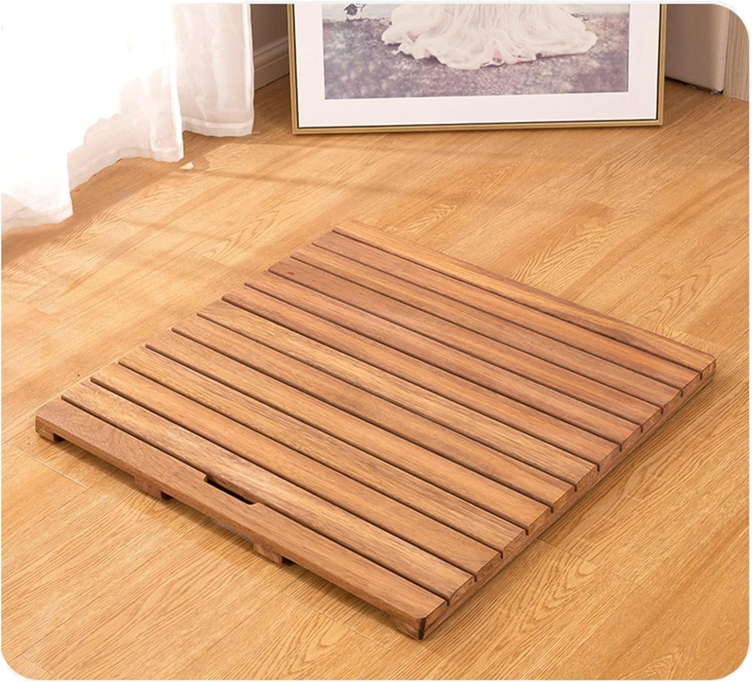 AEDNX 20 24 28 32 36 40 44 Inches Teak Wooden Bath Mat, Sturdy Large Cypress Shower Mat Non-Slip Wooden Floor Matfor Indoor Or Outdoor Spa Luxury Home
