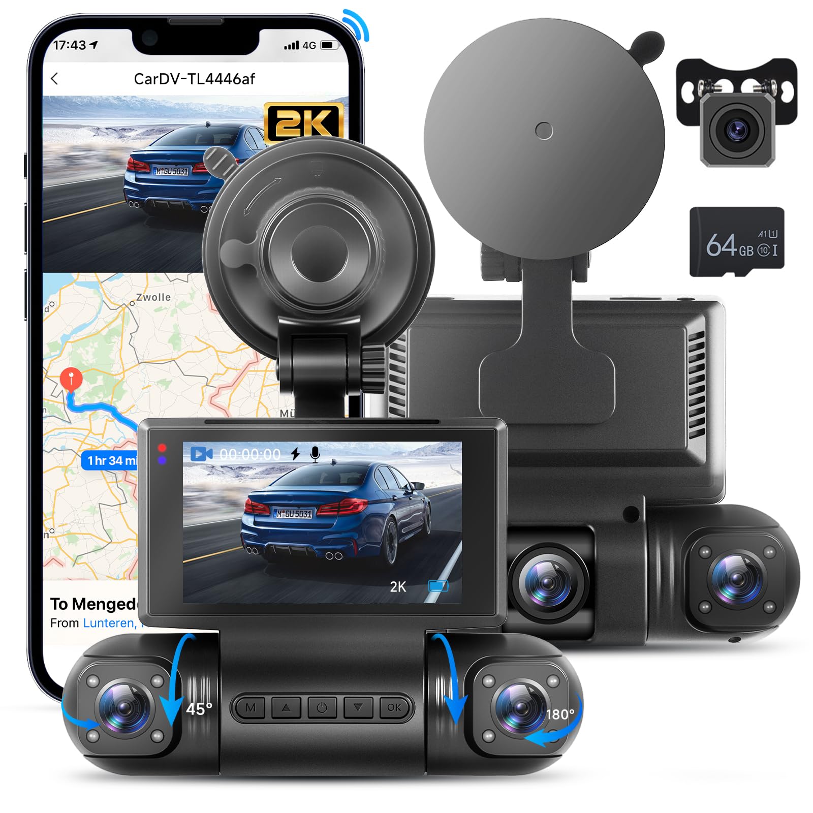 Hodozzy 2K Dash CAM Coche con 4 Cámaras 360°Delantera y Trasera Giratoria Izquierda Derecha, Pantalla 3 Pulgadas, Monitor Modo Aparcamiento, WiFi & App, Visión Nocturna y Grabación, Sensor G, Tarjeta