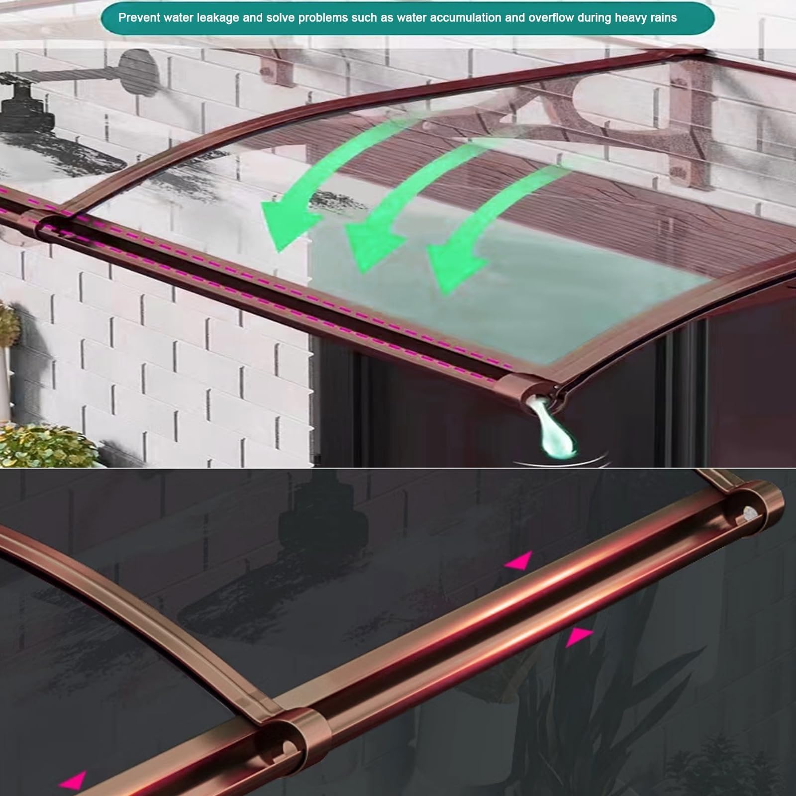 Toldo para puerta exterior, protección UV, cubierta de policarbonato, resistente a la corrosión, soporte de aluminio, protector de lluvia para puertas delanteras, 100 x 380 cm, refugio resistente a la