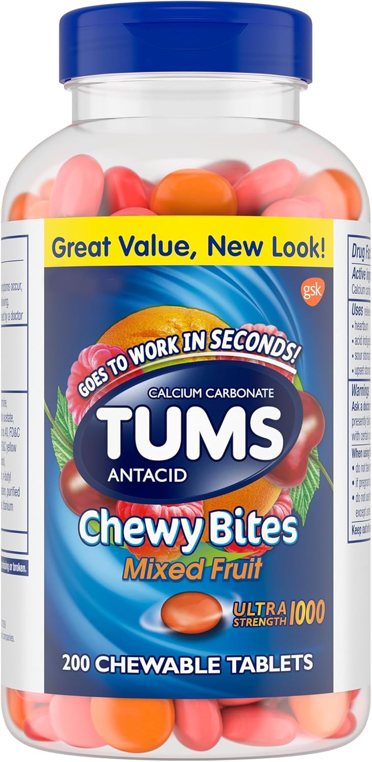 TUMS Chewy Bites Chewable Antacid Tablets for Ultra Strength Heartburn Relief, Mixed Fruit - 200 Count