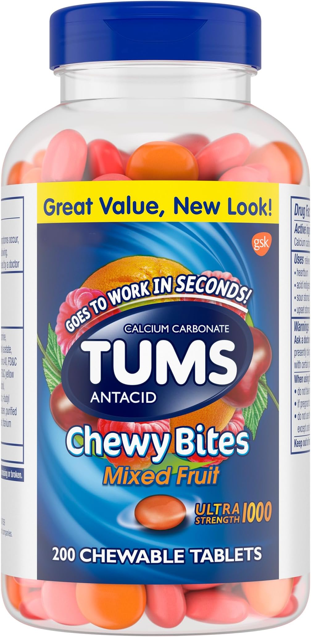 TUMS Chewy Bites Chewable Antacid Tablets for Ultra Strength Heartburn Relief, Great for a Summer BBQ- Mixed Fruit - 200 Count