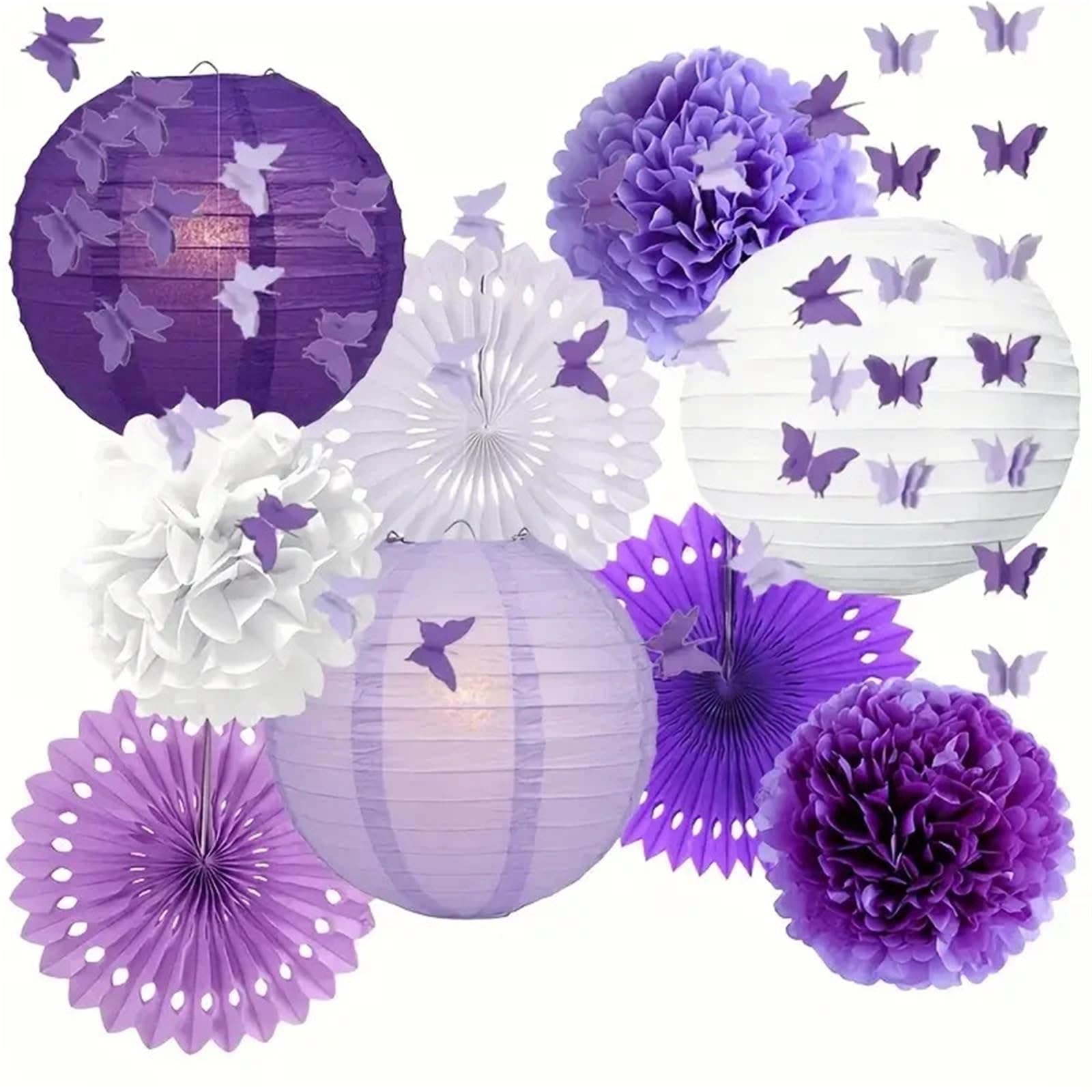 Paper Lanterns 10Pcs Purple Paper Lantern Party Butterfly Lilac Folding Fan Birthday Decoration, Tissue Pom Flower ,Bride Wedding