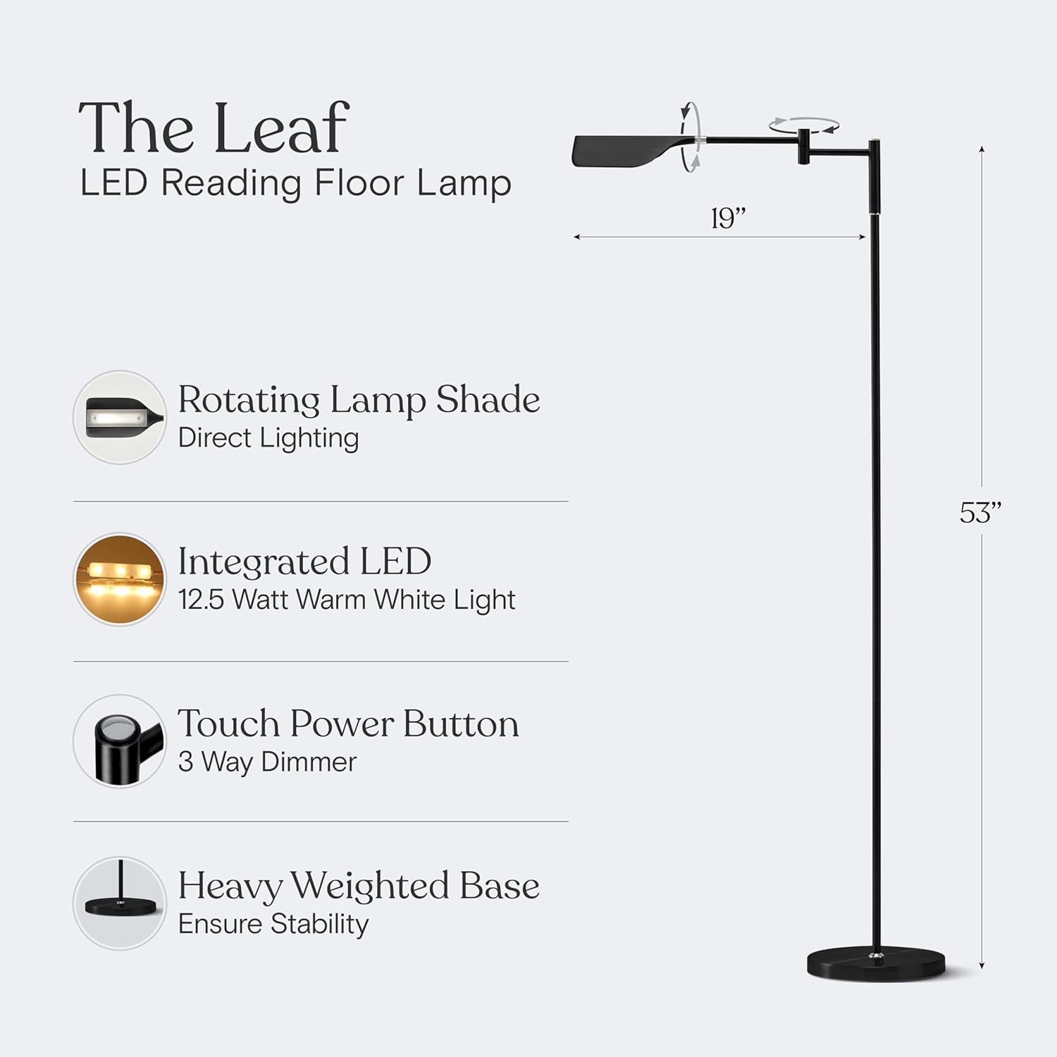 Brightech Leaf Pharmacy LED Reading Lamp, Dimmable Floor Lamp with Easy Rotation Over Chair or Desk for Living Rooms & Offices, Adjustable Standing Lamp, Tall Lamp for Sewing & Craftwork - Jet Black