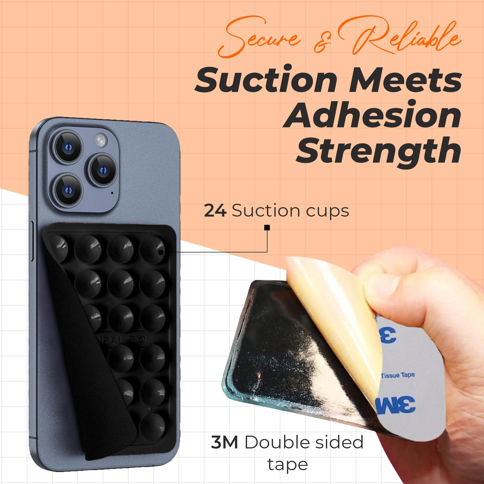 Amazon.com: 2-Pack Sticky Silicone Suction Phone Grip with 24 Suction Cups  for Suction Phone Mount Ideal for Selfies and Videos, Compatible with  Android iPhone Samsung, Black : Cell Phones & Accessories