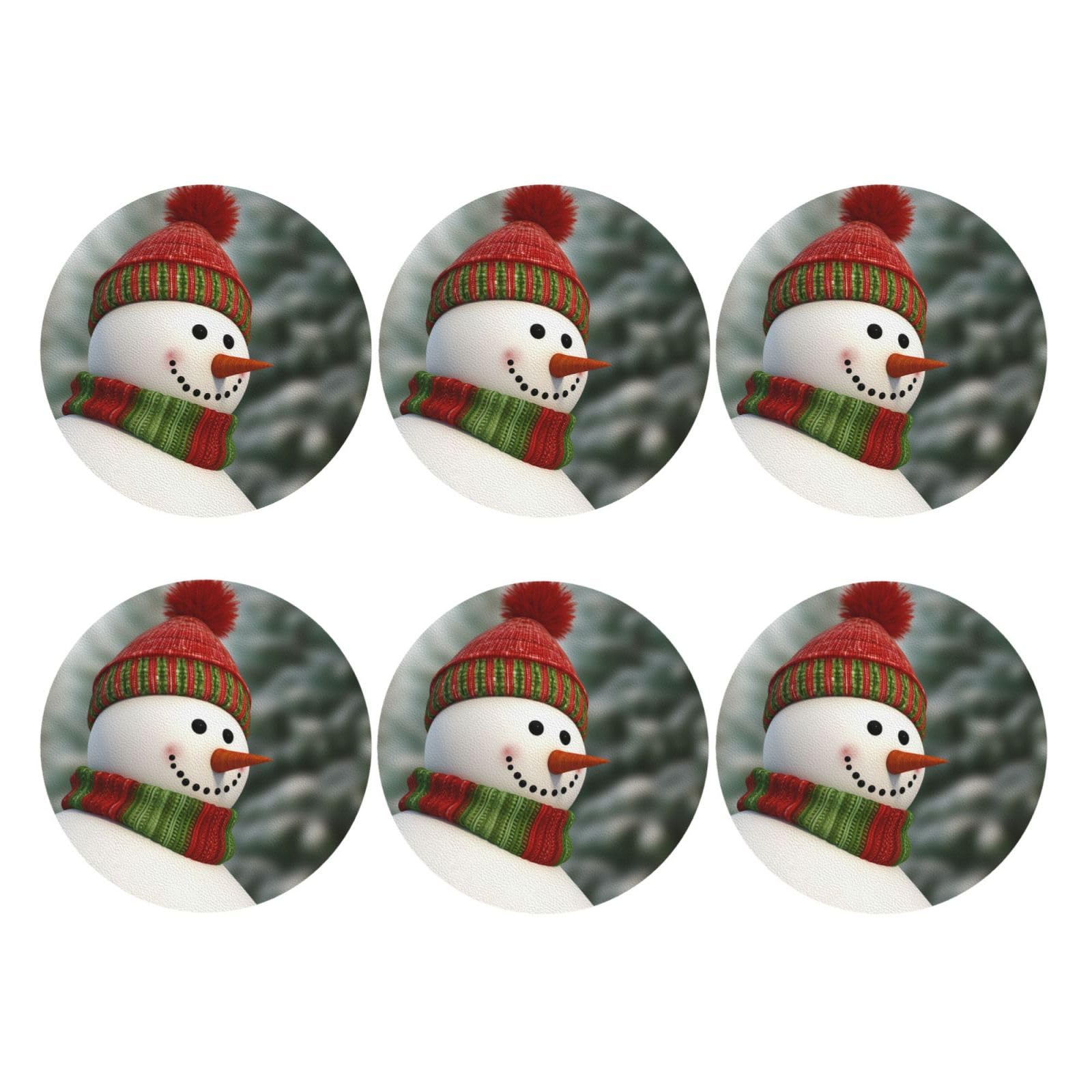 6pcs Leather Coasters for Drinks, Smile Gaze Snowman Drink Coasters for Tabletop Protection, 4" Cup Coasters for Coffee Table Decor, Non-Slip Drinking Cup Mat for Hot Or Cold Drink