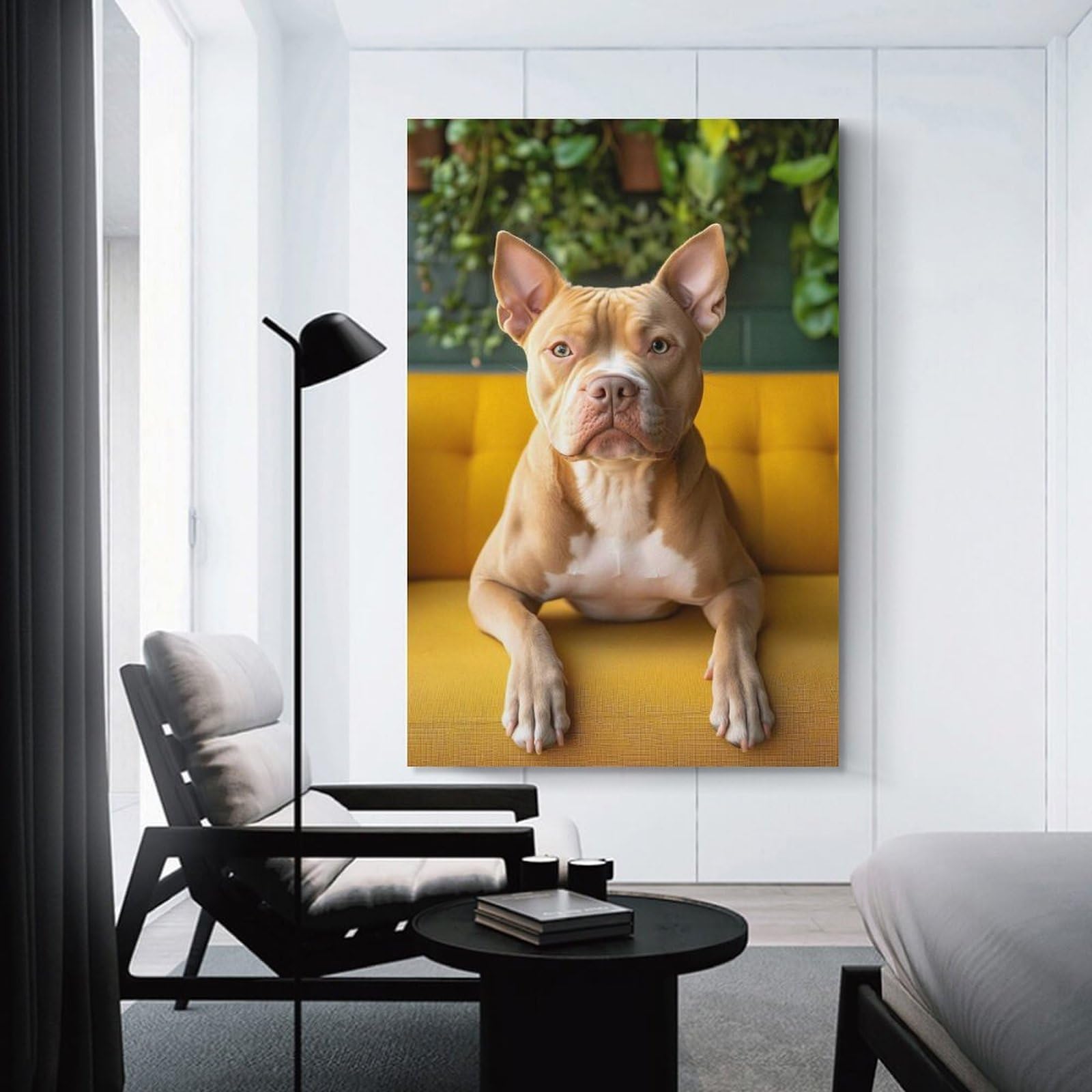 Junmoney Wall Art Print Pitbull Dog Portrait on Yellow Couch, 24x36inch(60x90cm), for Bedrooms, Workspaces And Everyday Interiors, Stylish Home Artwork for Focal Walls