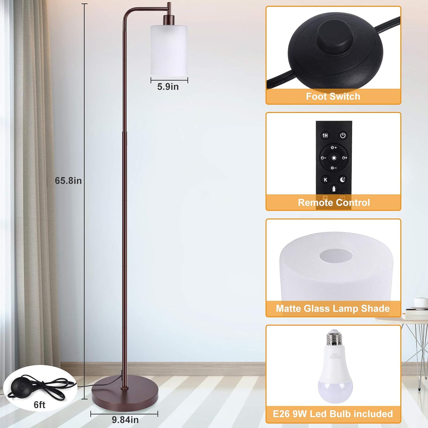 40% Off Discount LED Floor Lamp,4 Colors Temperature Modern Light with Remote & Foot Control,Farmhouse Standing Lamps with Hanging Jade Matte Glass Shade for Bedrooms,Living Room,(9W Led Bulb Included),Brown