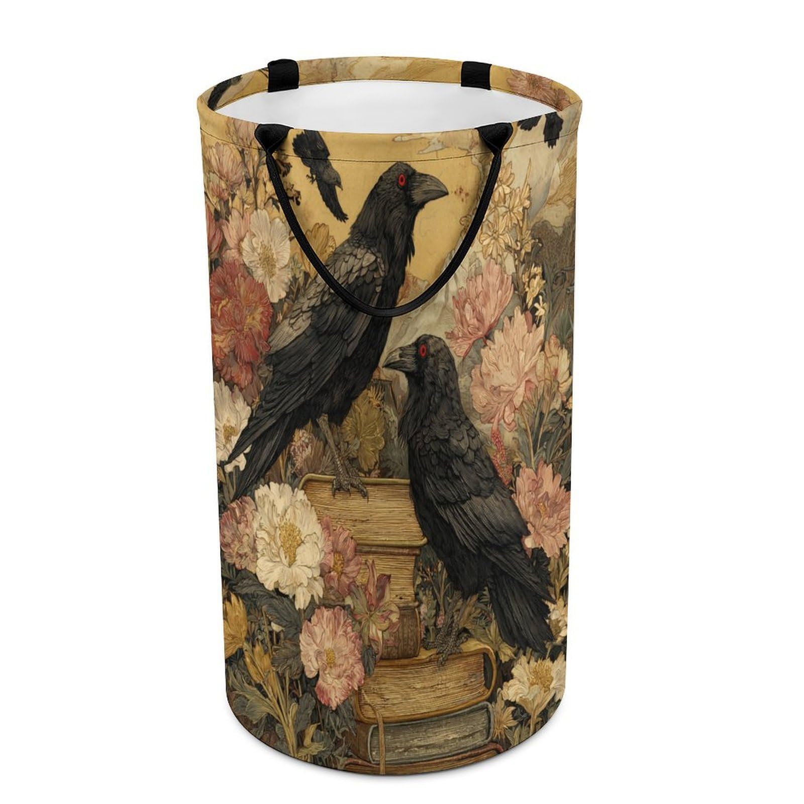 LUYYSKY Vintage Classic Animal Raven Versatile Storage Laundry Basket, Retro Oil Painting Gothic Wildlife Crow Plant Daisies Flowers Books Large Bathroom Hamper With Handle-40 CM Dia, 69 CM High