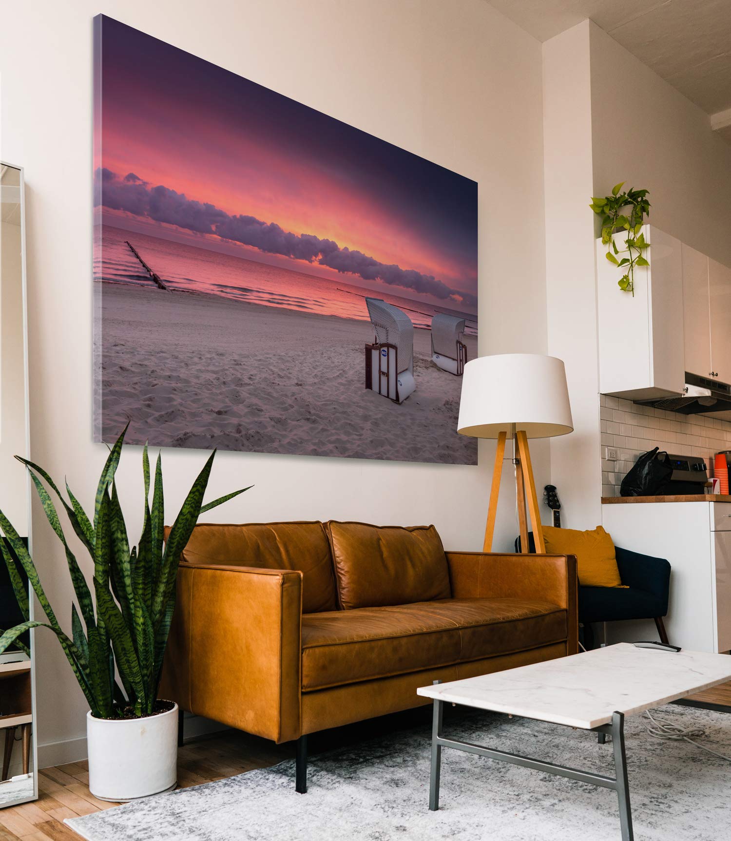 BilderKing Atemberaubendes Ostsee XXL Leinwandbild 120cm x 80cm, Motiv Usedom Sonnenuntergang, Strandkörbe. Einzigartiges Panorama-Bild für Wohnzimmer, Schlafzimmer. aufgespannt auf 4cm Keilrahmen