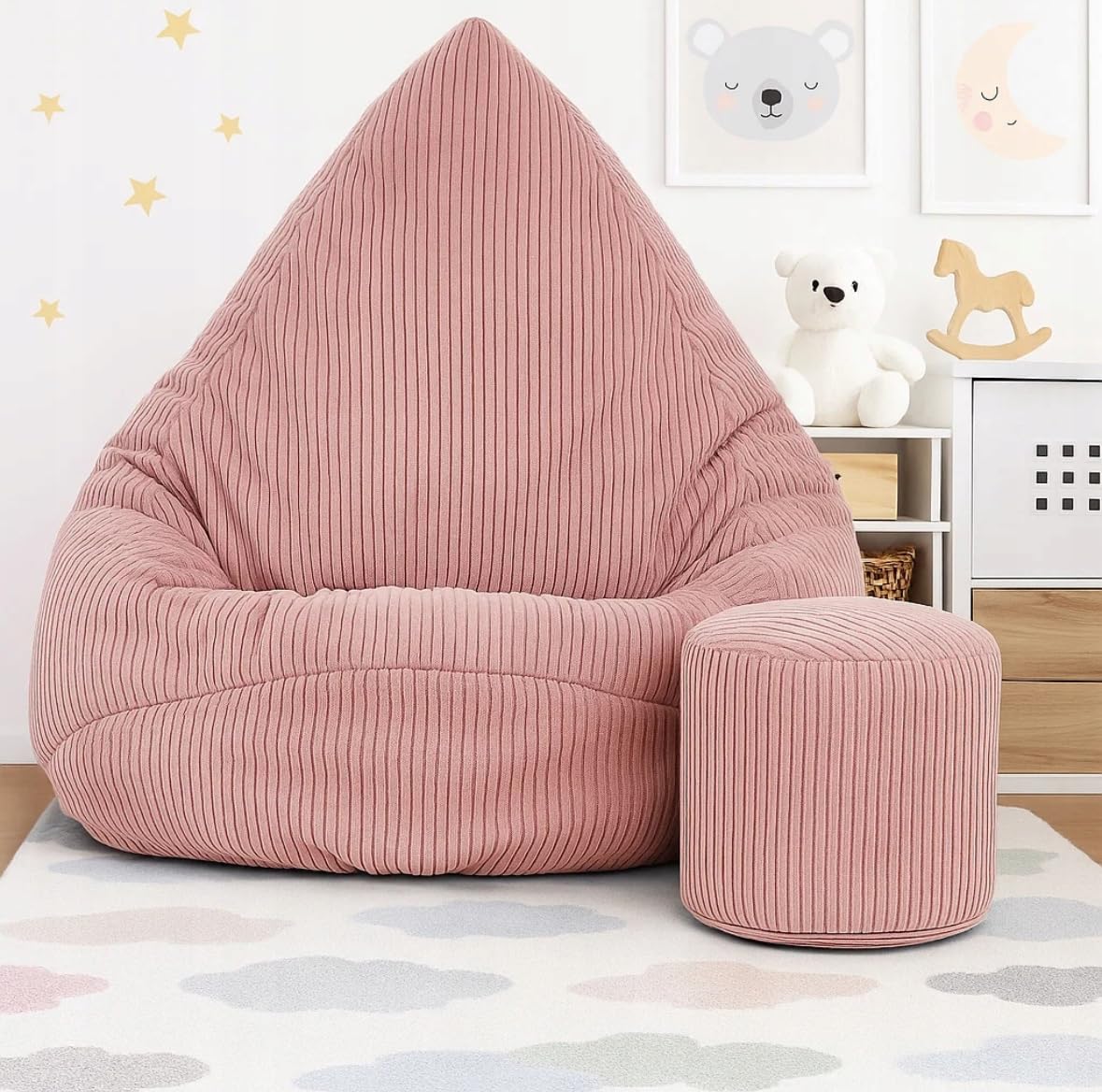 Sitzsack Kinder mit Hocker 75x75x100cm - Kinder Sitzsack mit Füllung - Schlafzimmer und Wohnzimmer Möbel - Cord Indoor Sitzsäcke - Lounge Sessel - Bean Bag