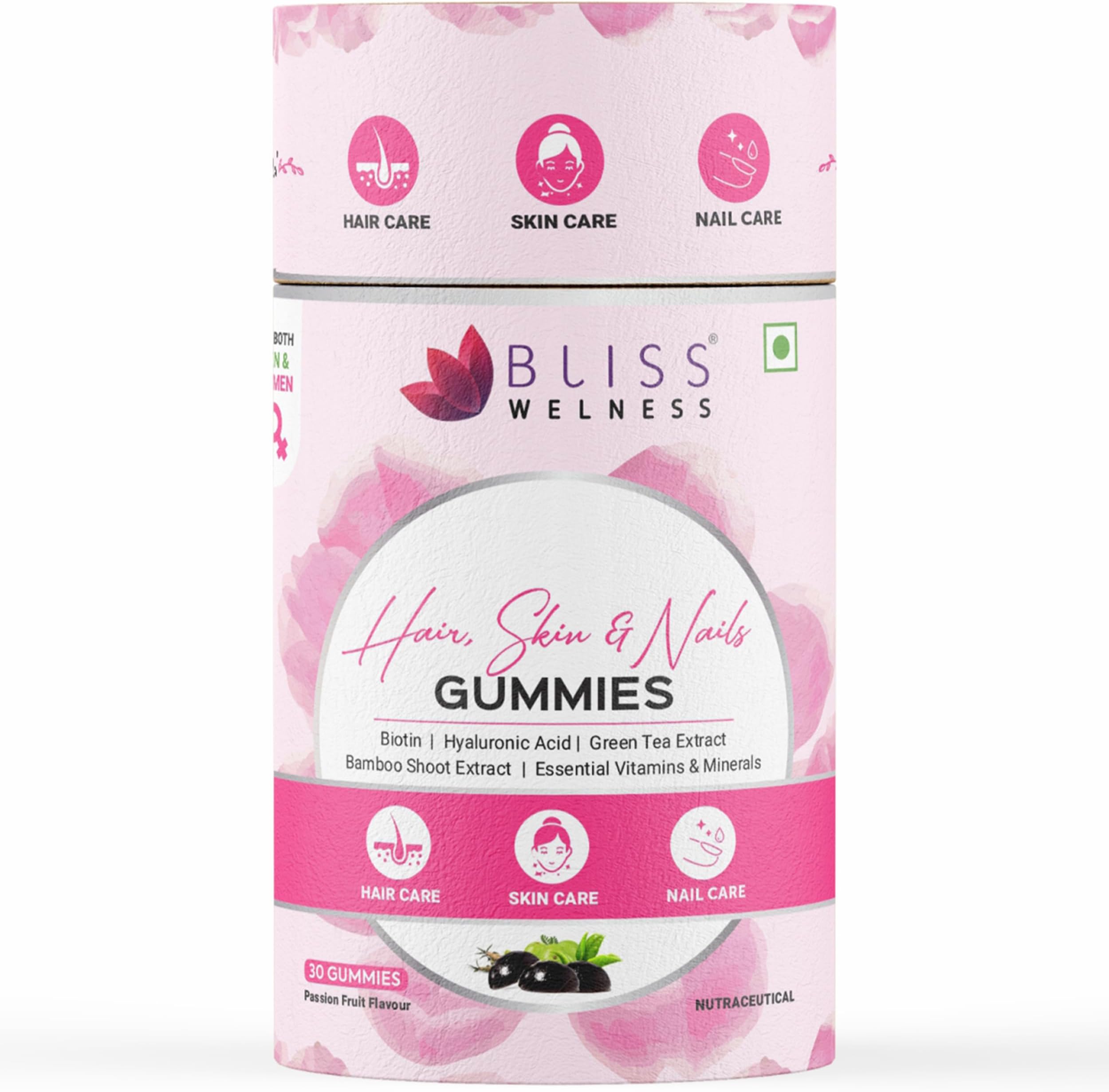 Hair, Skin & Nails Gummies with Biotin, Hyaluronic Acid, Green Tea Extract, Bamboo Shoot & Multivitamin and Minerals | Supports Hair Strength, Skin Hydration & Nail Health | Passion Fruit Flavor, 30 Gummies
