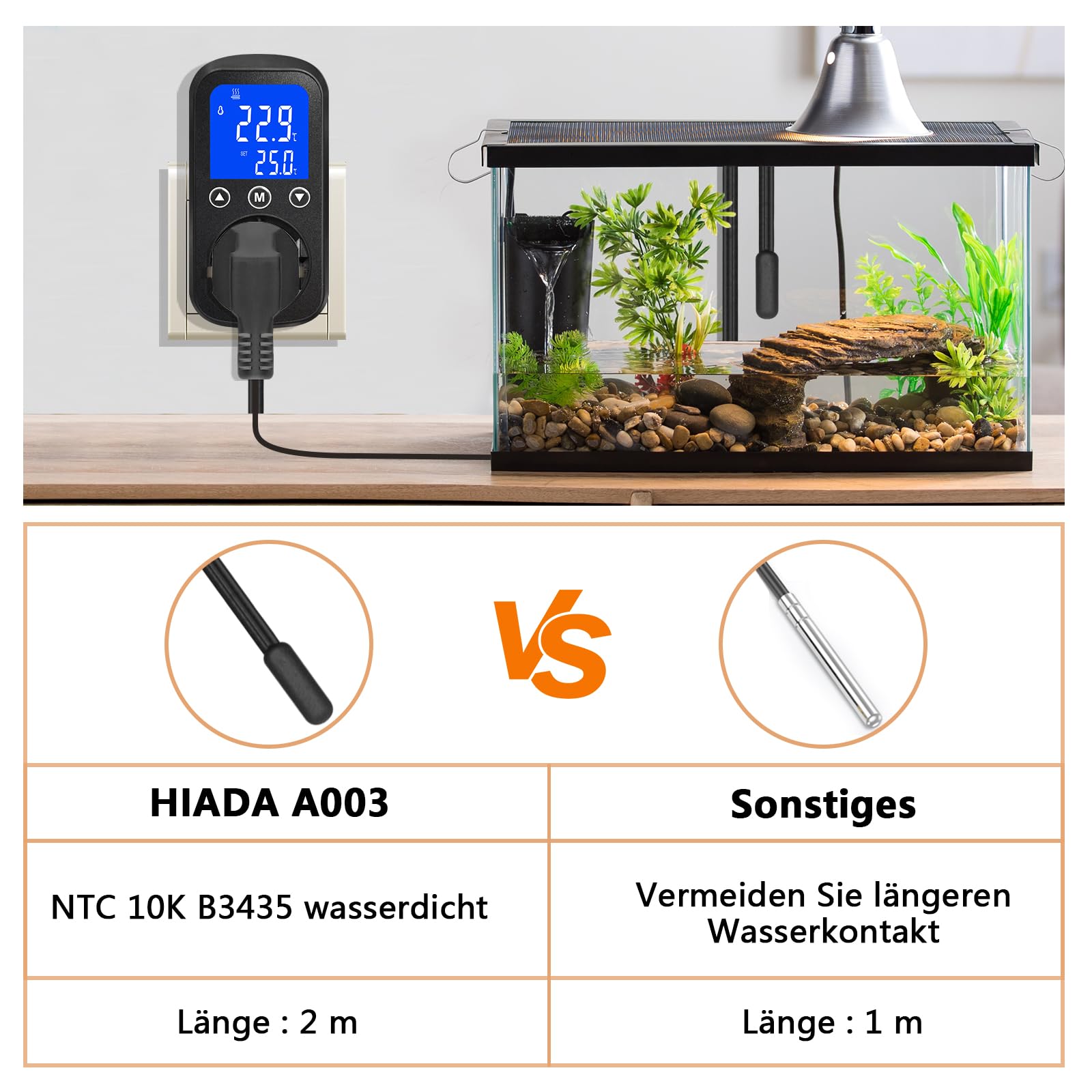 Digital Temperature Controller Socket mit wasserdichtem Sensor, Heizung Kühlsteuerung Thermostat Stecker, Temperaturschalter für Gewächshaus, Aquarium, Terrarium, Reptilien