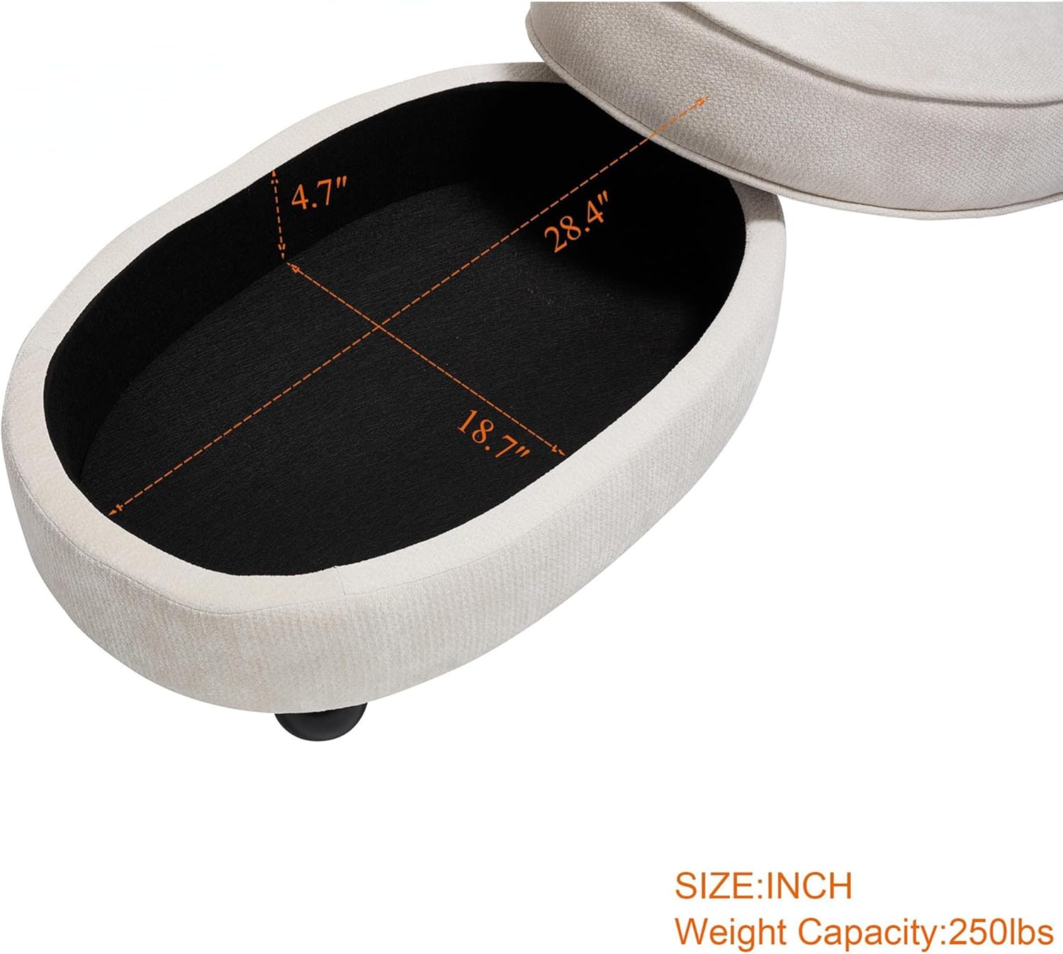 Oval Ottoman Coffee Table with Storage, Modern Chenille Fabric Small Foot Rest for Chair, 3-in-1 Multi-Functional Storage Ottoman with Tray Lid for Living Room, Bedroom, Dorm Room