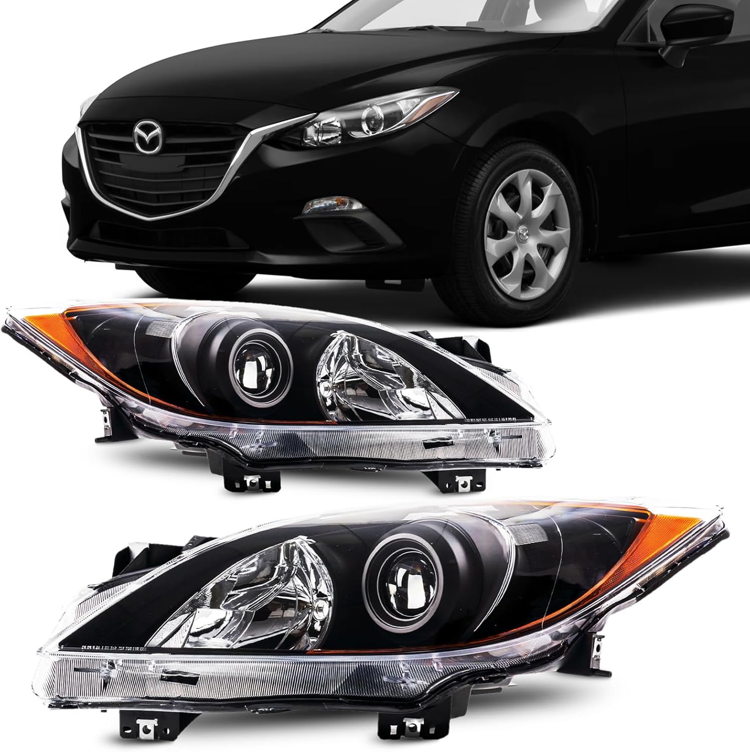 Torchbeam Headlight Assembly Compatible with 2010-2013 Mazda 3 OE Style Headlamp Replacement Amber Reflector Clear Lens Black Housing, for MA2518130, MA2519130, Front Light Driver & Passenger Side