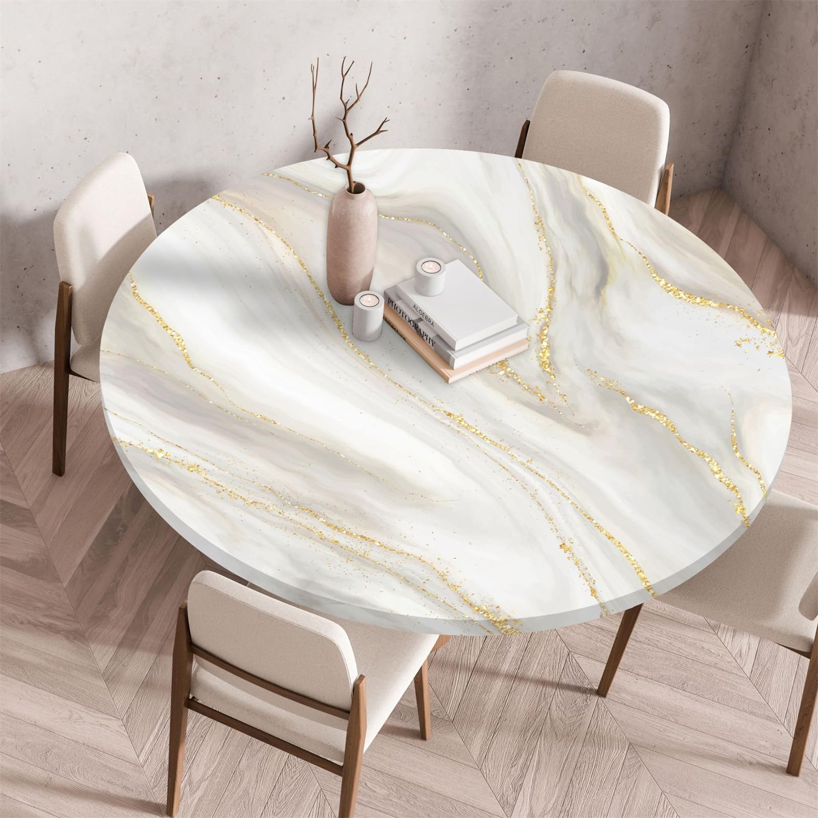 Muiuou Elastic Fitted Round Tablecloth, Marble Printing Tabletop Reusable Waterproof Oil-Proof Round Table Cover Cloth, Fitted Home Decoration Restaurant Kitchen (Diameter 140cm,Marble 11)