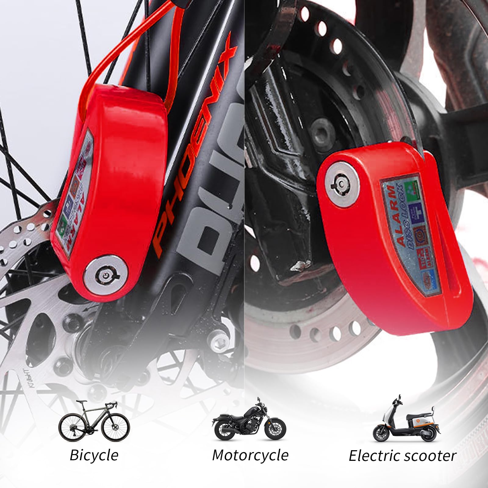 Motorcycle Alarm Disc Brake Lock - 110dB Anti-Theft Heavy Duty Disc Lock with 5ft Reminder Cable, Waterproof Motorbike Wheel Lock for Scooter, Moped, Vespa, E-Bike, Dirt Bike - Red — view 5