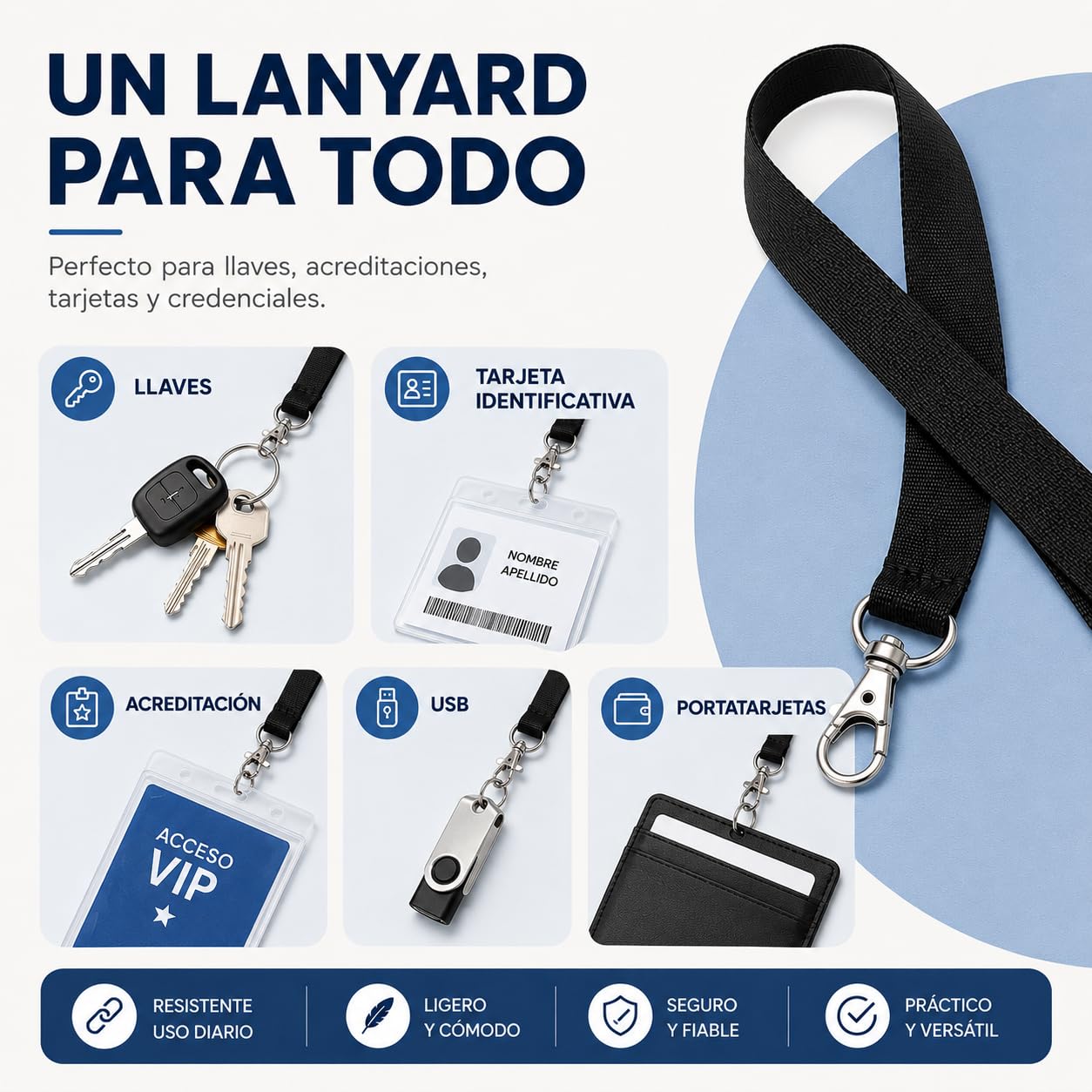 Pack 50 Lanyard Negro con Gancho Metálico Giratorio de 50cm para Porta Tarjetas Identificativas | Landyard colgante ideal para Llaves, Credenciales, portatarjetas en Eventos o en la Oficina (Pack 50)