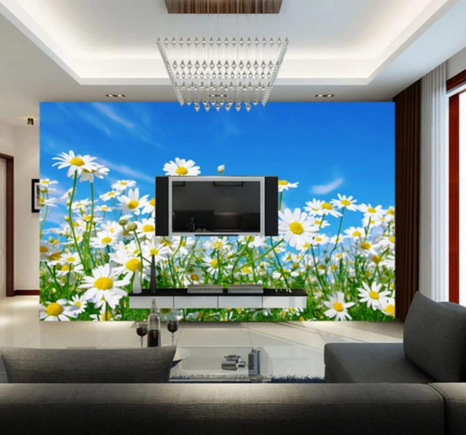 Xlming 400Cm×280Cm(B×H) Fresh Blue Sky White Clouds Sea Of Flowers Scenery 3D Wallpaper Luxury Silk Study Dining Feature Sofa Grey Bedroom Living Room Tv Decorative Wall-400Cm×280Cm