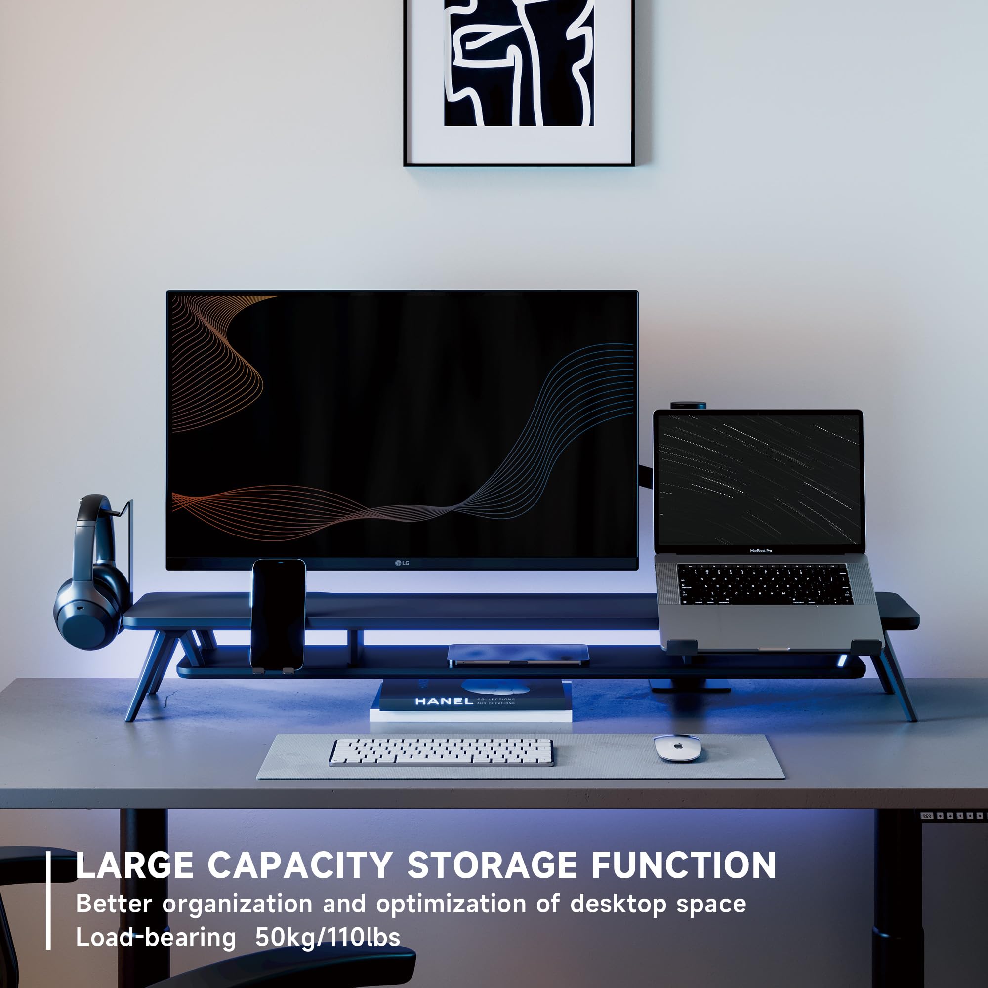 Fenge Supporto per Doppio Monitor con Supporto per Laptop/Telefono, Supporto per Computer a 2 Strati con Ampio Spazio di Archiviazione, 108x23,5x14,5cm Capacità di Carico 50KG (Nero)