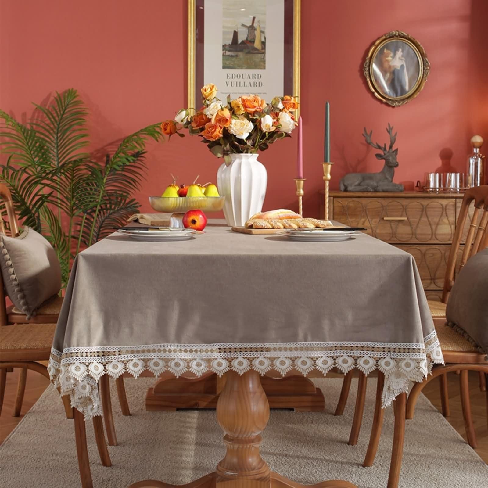 Mantel Rectangular Antimanchas Color Sólido con Encaje Mantel Poliéster Mesa Gris,140x260CM
