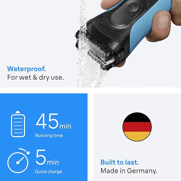 Braun Series 3+ Electric Shaver, 3 Flexible Blades, Wet & Dry Razor for Men with Beard Trimmer Attachment, +5 Combs, Efficiency MicroComb, Made in Germany, Includes Rechargeable Battery, 3010BT, Blue - 5