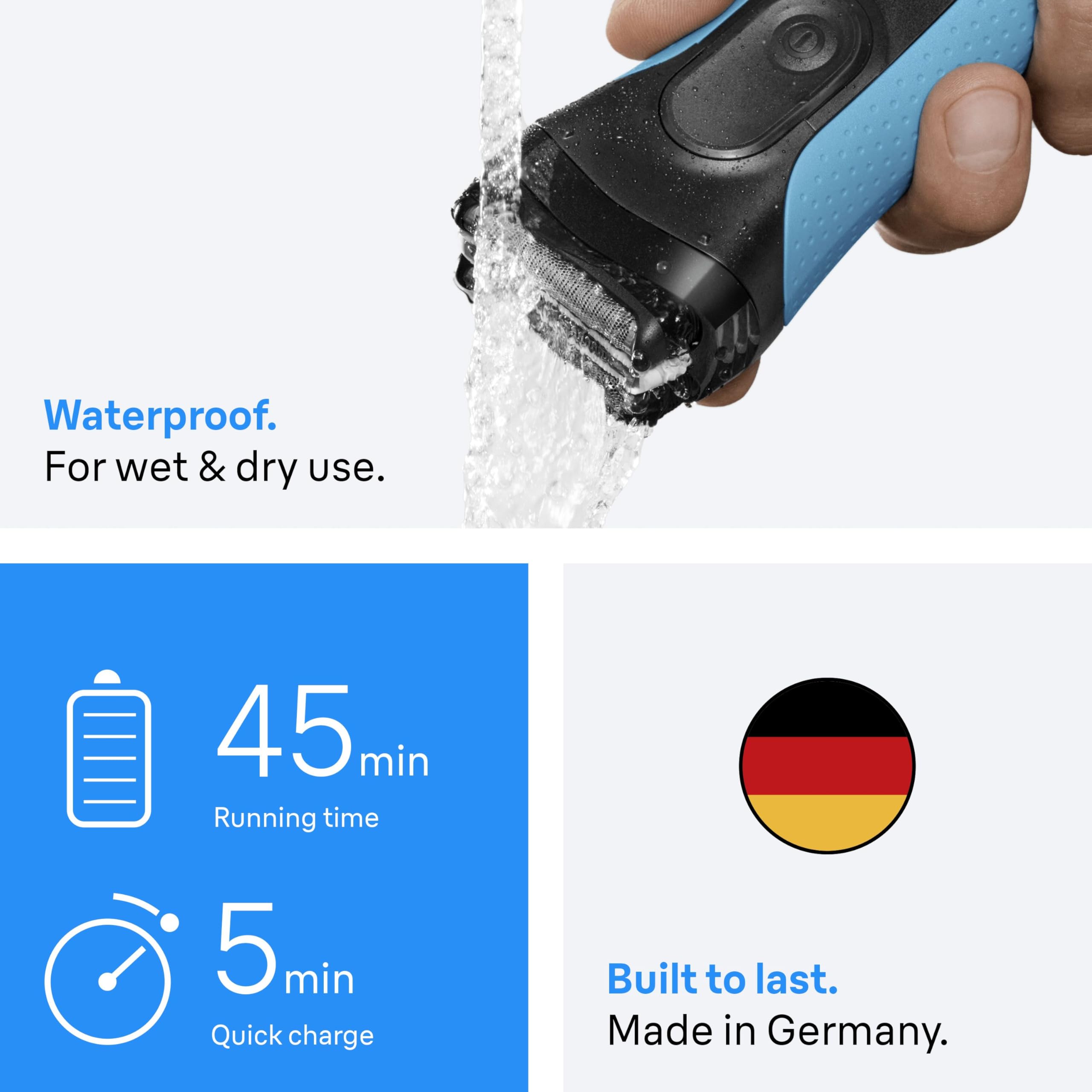 Braun Series 3+ Electric Shaver, 3 Flexible Blades, Wet & Dry Razor for Men with Beard Trimmer Attachment, +5 Combs, Efficiency MicroComb, Made in Germany, Includes Rechargeable Battery, 3010BT, Blue — view 5