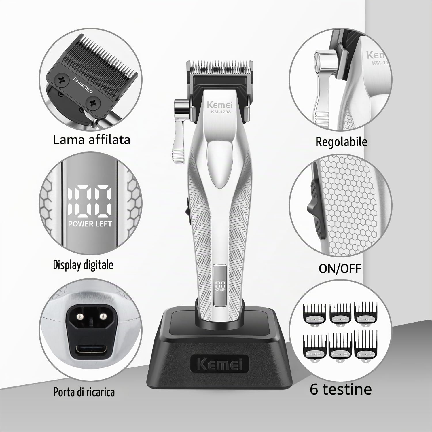 KEMEI Trimmer KM-1798 - Tagliacapelli da uomo | Regolabarba senza fili, tagliacapelli da barbiere con USB ricaricabile, tagliacapelli, dissolvenza, regalo per uomini