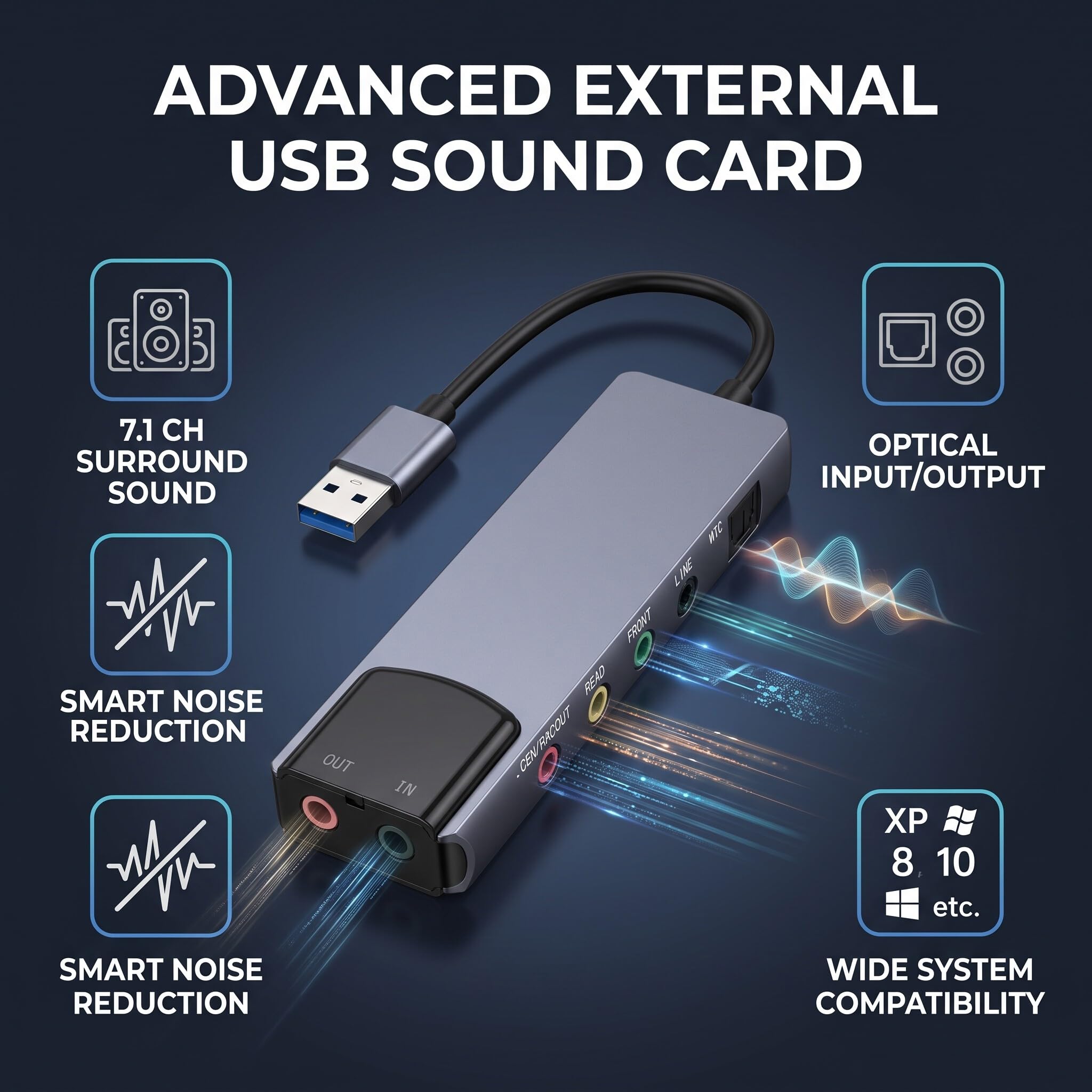 Carte son surround 7.1 USB 5.1 Carte son externe avec entrée optique SPDIF Adaptateur audio Réduction du bruit Aluminium pour PC portable Puce CM6206