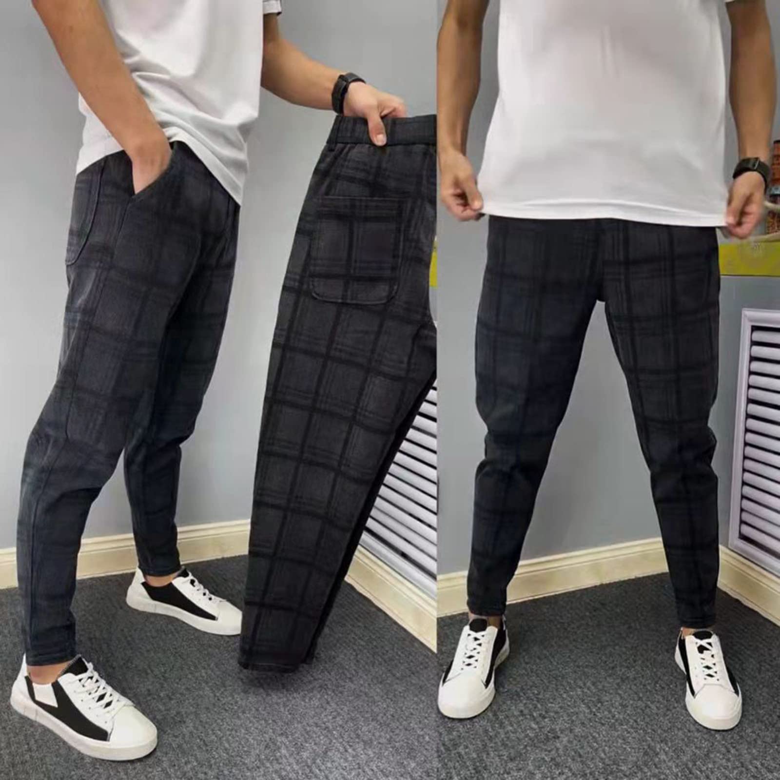 Pantalone Da Uomo A Quadri Con Vita Elastica Casual,Sottile Uomo Pantaloni Da Jogging Slim Fit,Con Tasche Alla Moda Pantaloni A Sezione Eleganti 1,33