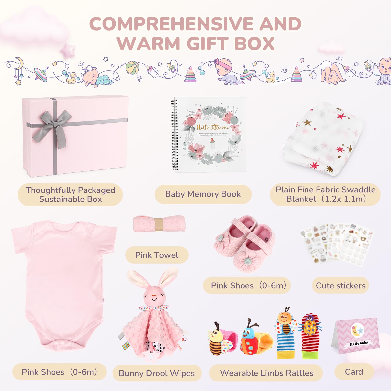 Newborn Baby Gifts-Newborn Essentials, Pink Keepsake Box with Hello Little One Milestone Memory Book, Pink Rabbit Rattle - Image 2
