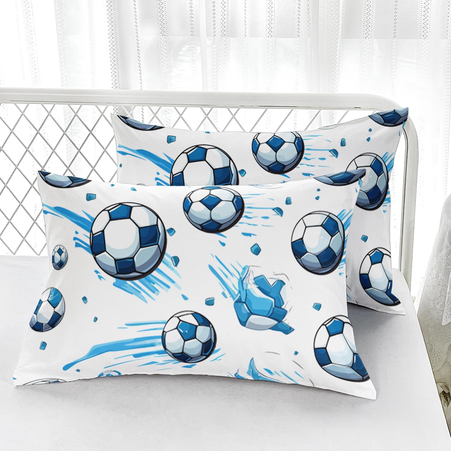 AILONEN Kids Soccer Twin Size Fitted Sheet Set, Football Bed Sheet, Blue Graffiti Soccer Bedding Set for Boys Adults, 1 Fitted Sheet with 2 Pillowcases, 3 Piece