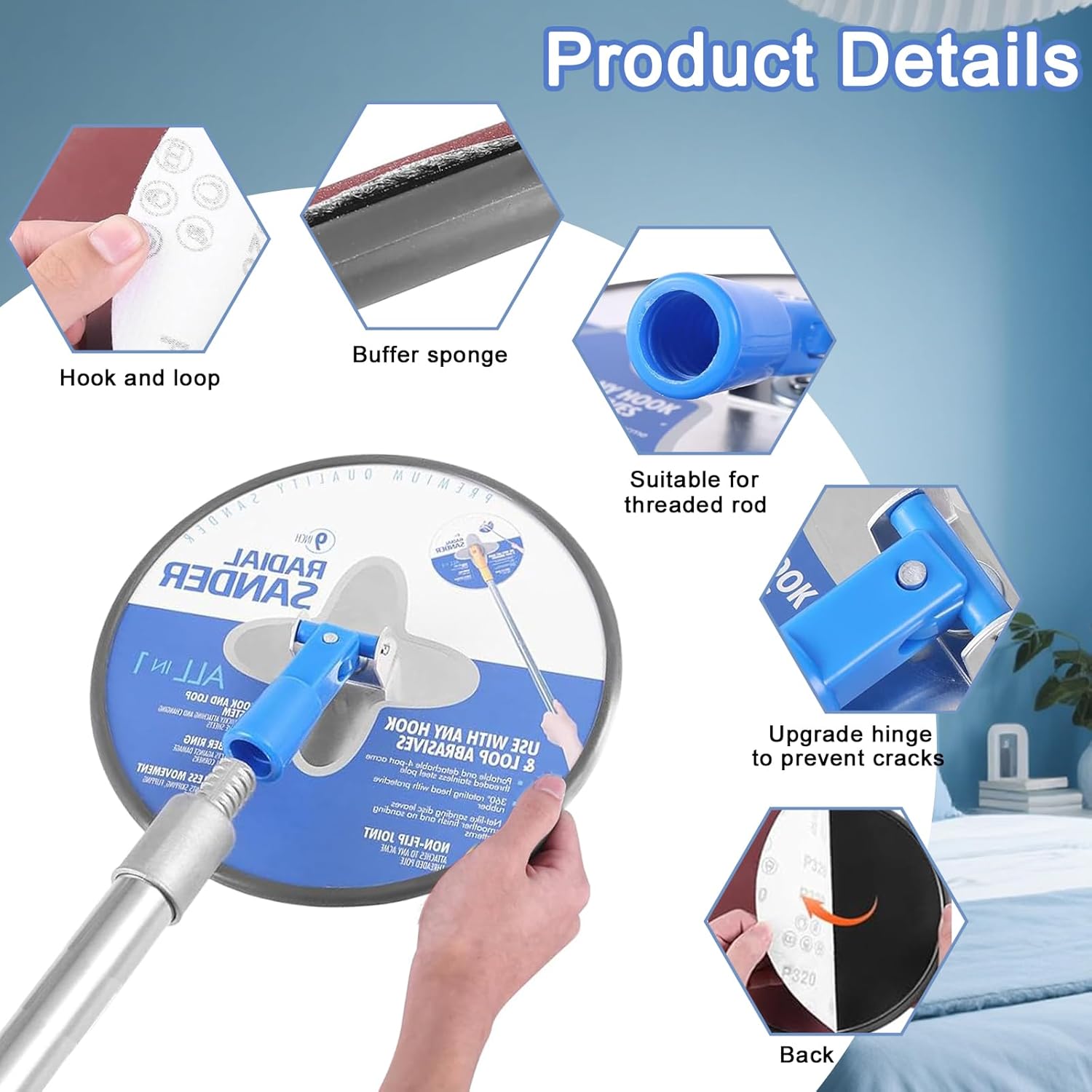 Drywall Pole Sander, 9 Inch Radial Sander with Adjustable Extension Pole, 360°Rotatable Round Circular Hand Sanding Head for Ceilings & Walls, Includes 10pcs Sanding Sheets (80,100,120,180,240 Grit)