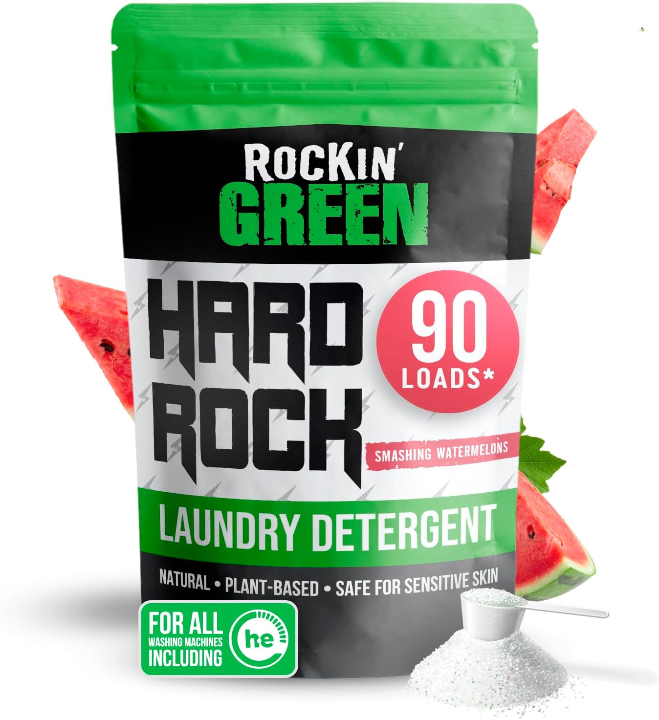 Rockin' Green | Hard Rock Natural Laundry Detergent Powder | Smashing Watermelons | 45oz / 90 Loads - Perfect for Baby Clothes