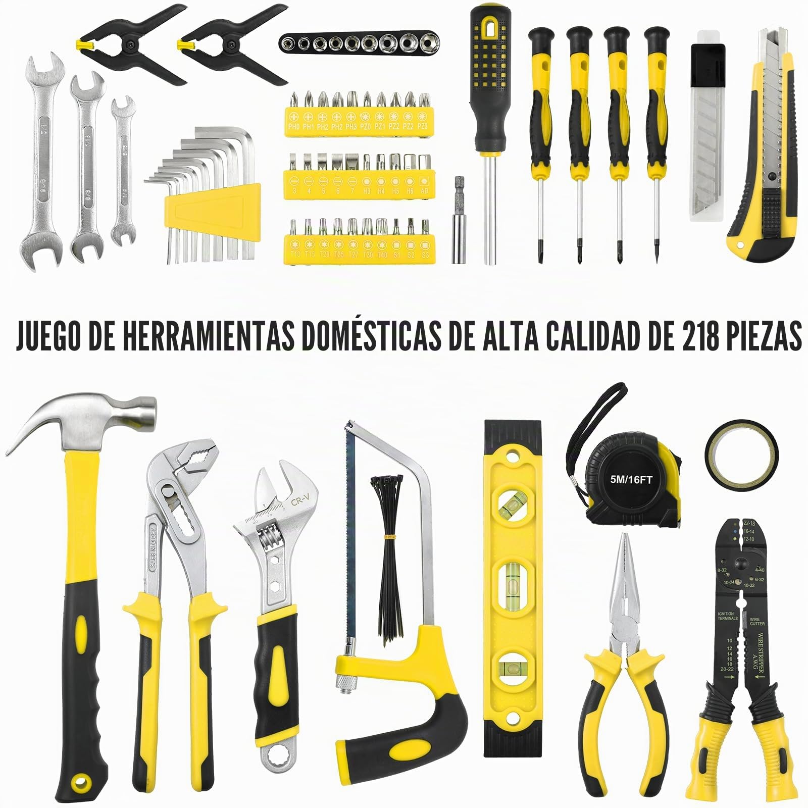TLGREEN Juego de herramientas de 218 piezas, Maletín de herramientas, caja de herramientas portátil con sierra, llave ajustable, llave combinada, kit de herramientas (amarillo)