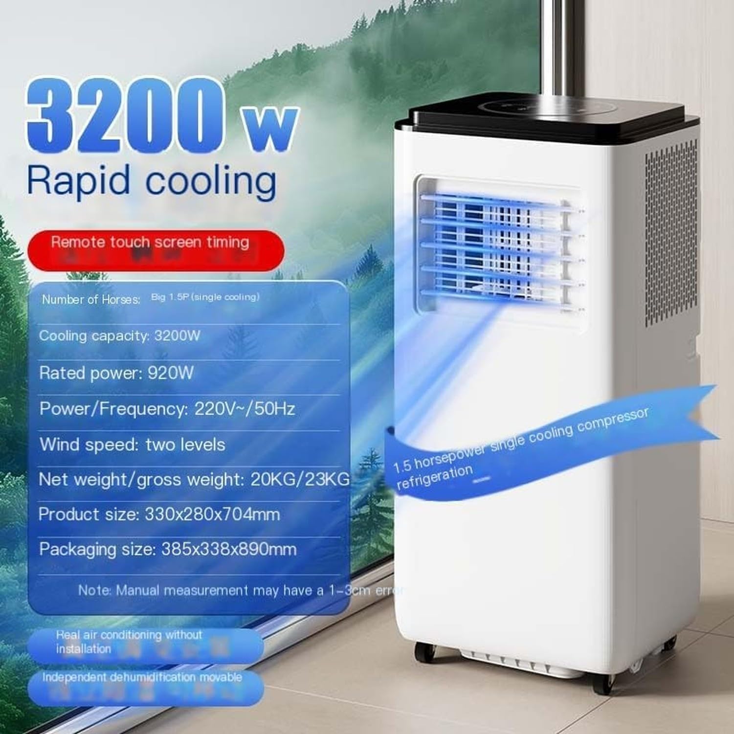 Tragbare Klimaanlage 12000 BTU, bis 27 m², mit Fernbedienung, 24-Stunden-Timer, Oszillation, 2 Geschwindigkeitsstufen, inklusive Installationsset, 12000 BTU, 12000 BTU