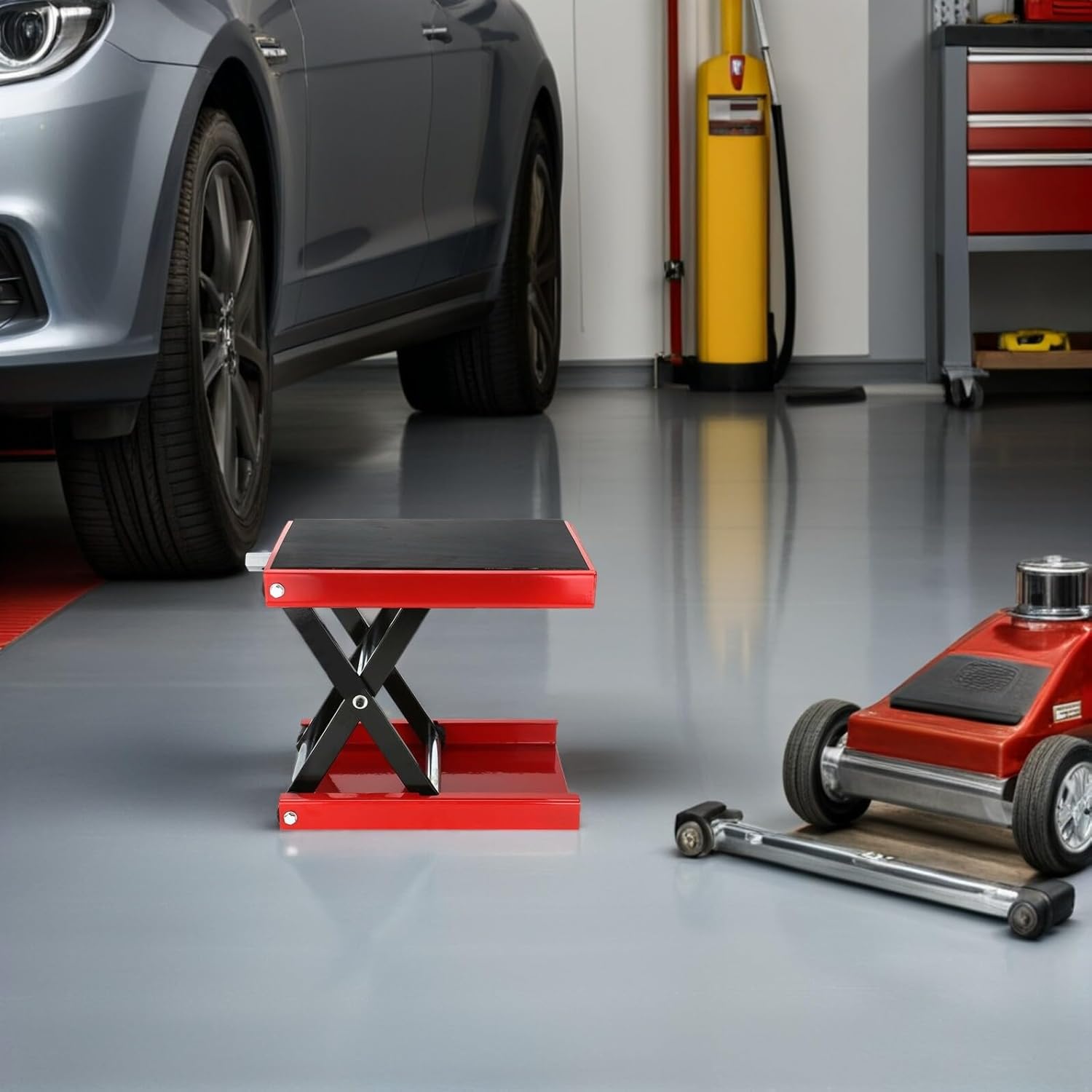 PRETYZOOM Motorcycle Lift Jack Hydraulic Scissor Lift Platform with Adjustable Height Wide Deck for Dirt Bikes Cruisers and Electric Motorbikes Repair and Parking