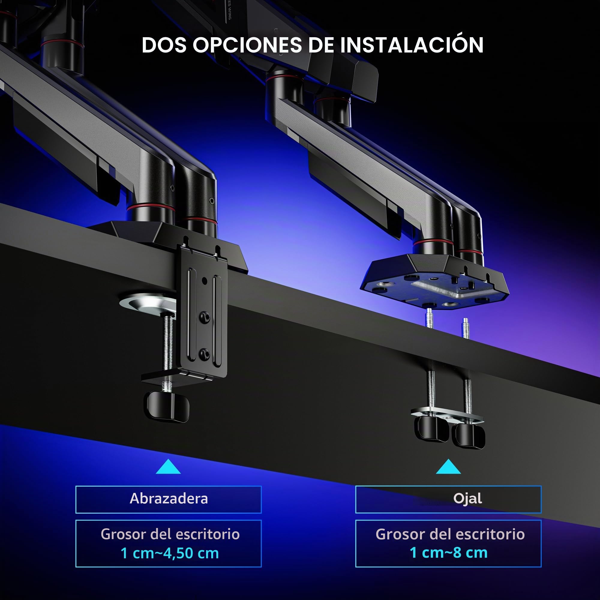 Ares Wing Soporte Monitor Doble 17-35", Brazo Ajustable 12 kg/Arm, Negro | Brazo monitor ergonómico con giro 360°, inclinación, altura ajustable, VESA 75/100mm y gestión de cables