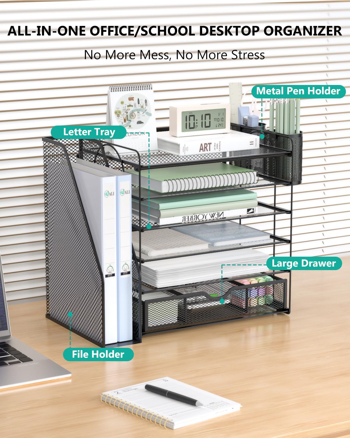 WALI Desk File Organizer, 6 Tier Desktop Paper Letter Tray Organizer with Drawer and 2 Pen Holders, Office Desk Accessories & Workspace Organizers for Office, Home Supplies(DO007DH-B), 1 Pack, Black view 2