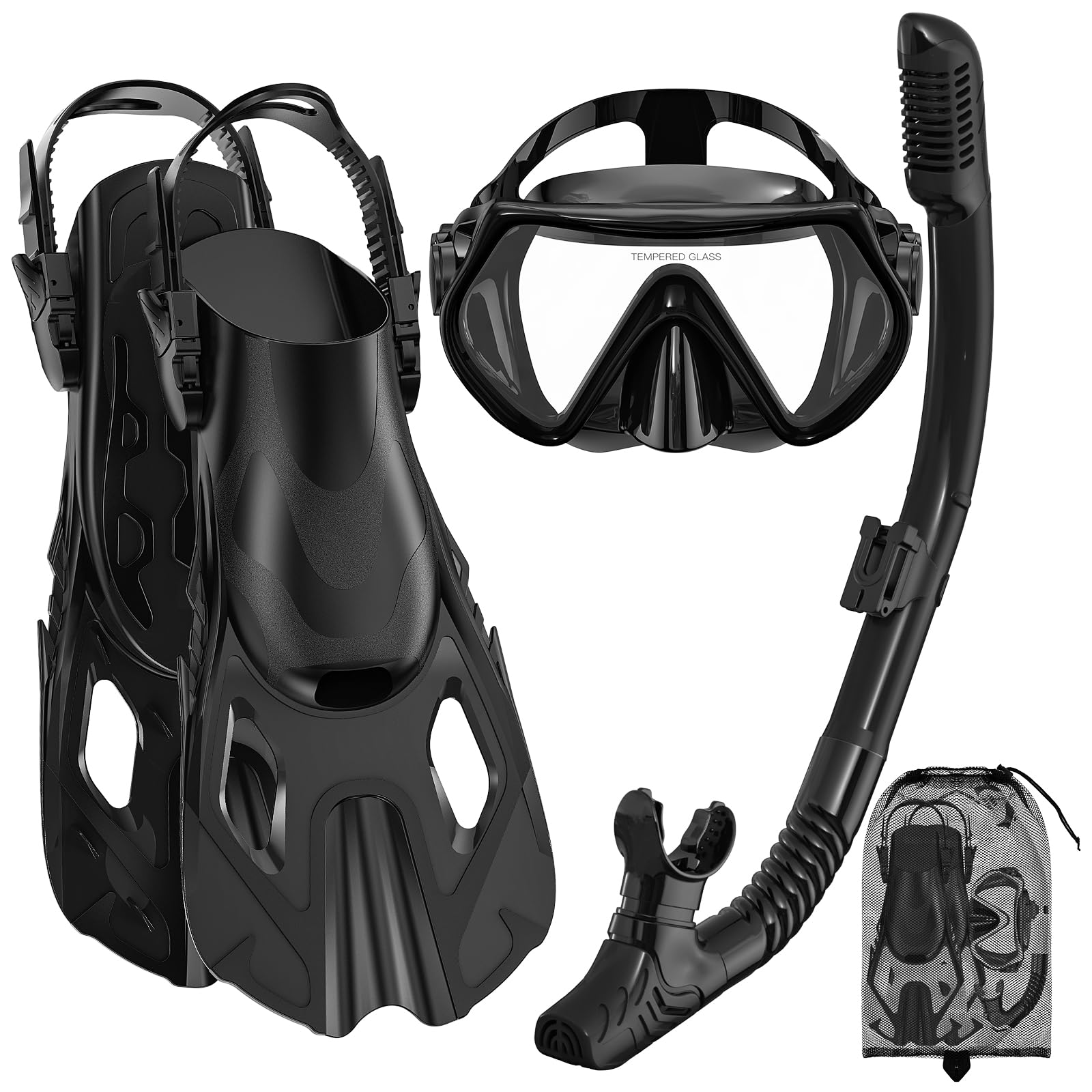 Snorkeling Gear for Adults, Mask Fin Snorkel Set, Dry Top Snorkel, Snorkeling Kit Travel Diving Package, Panoramic View Anti-Fog Anti-Leak,Black Large