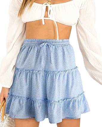 Alelly Women's Summer Cute High Waist Ruffle Skirt Floral Print Swing Beach Mini Skirt