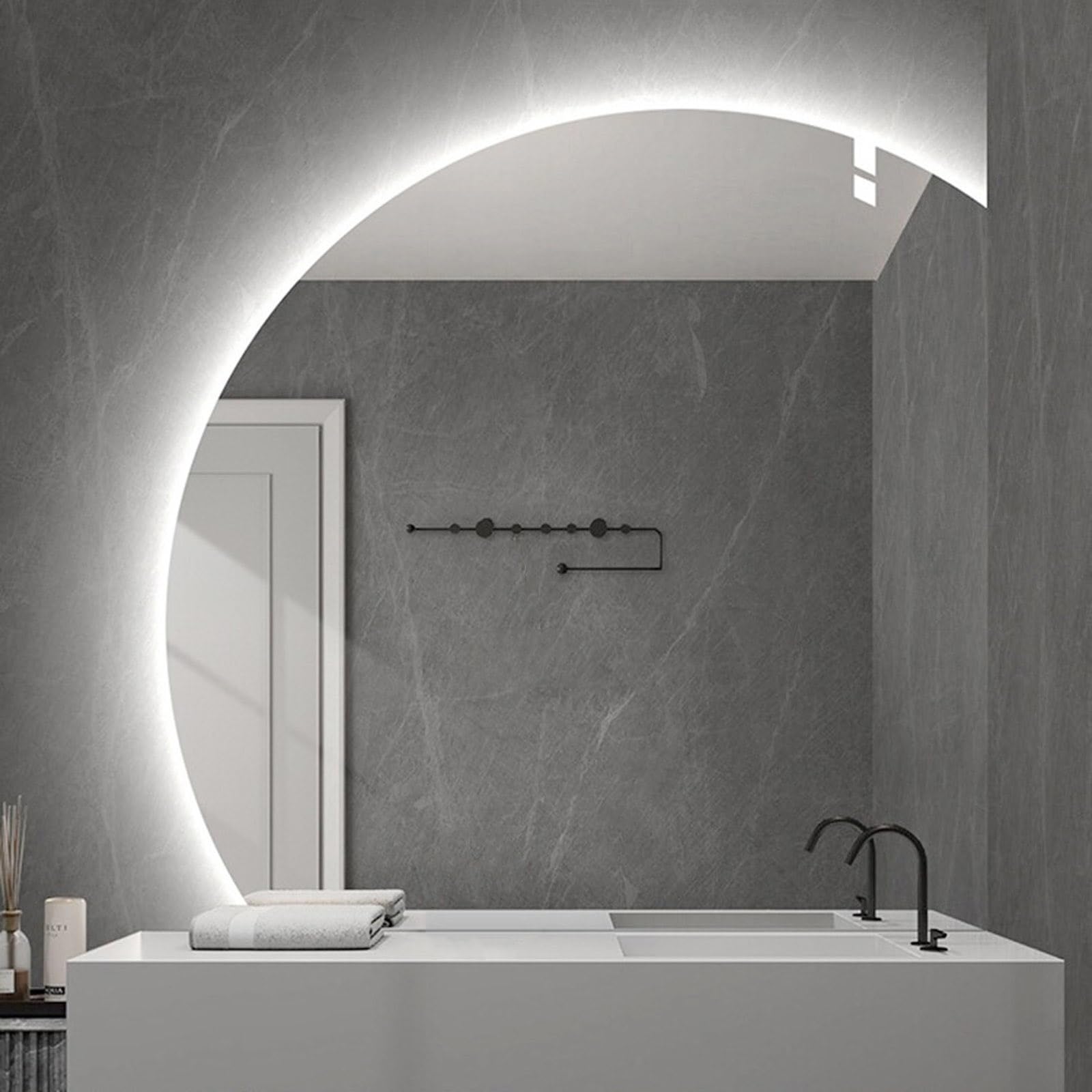 36/40in AntiFog Bathroom Mirror Semicircle Backlit Frameless Home Decor 28/32in Smart Dimmable Wall Mounted Vanity with 3 Colors Light(Left Under Cut,40inch/100cm) (Right Under Cut 28inch/70cm)
