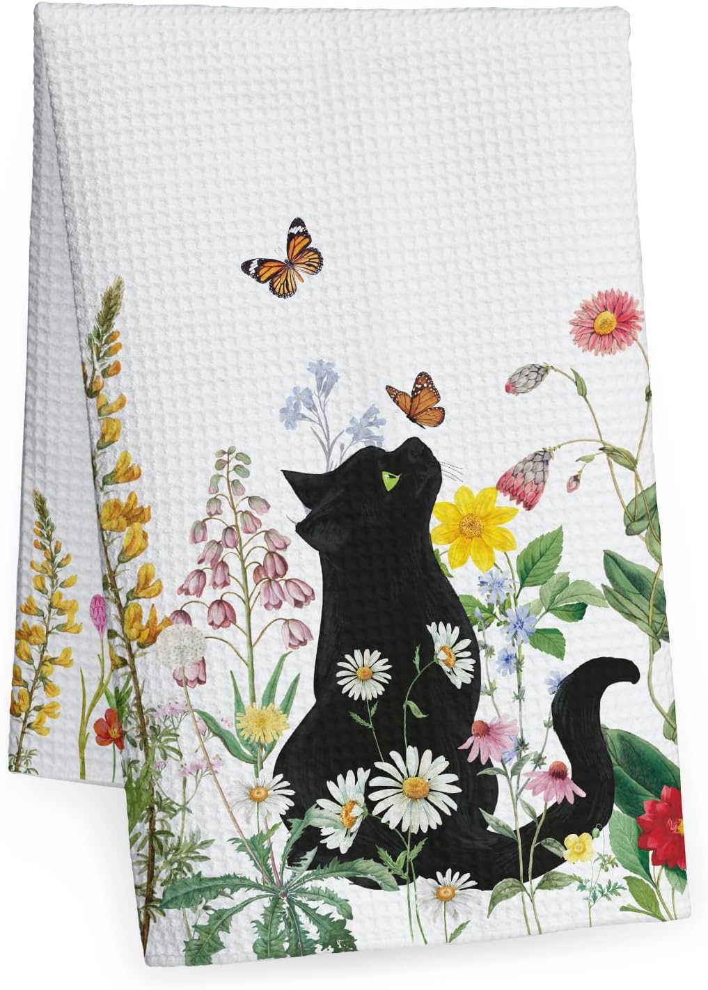 Black Cat Floral Spring Kitchen Towels Dish Towels, 16x24 Inch Farmhouse Summer Plants Decoration Hand Towels